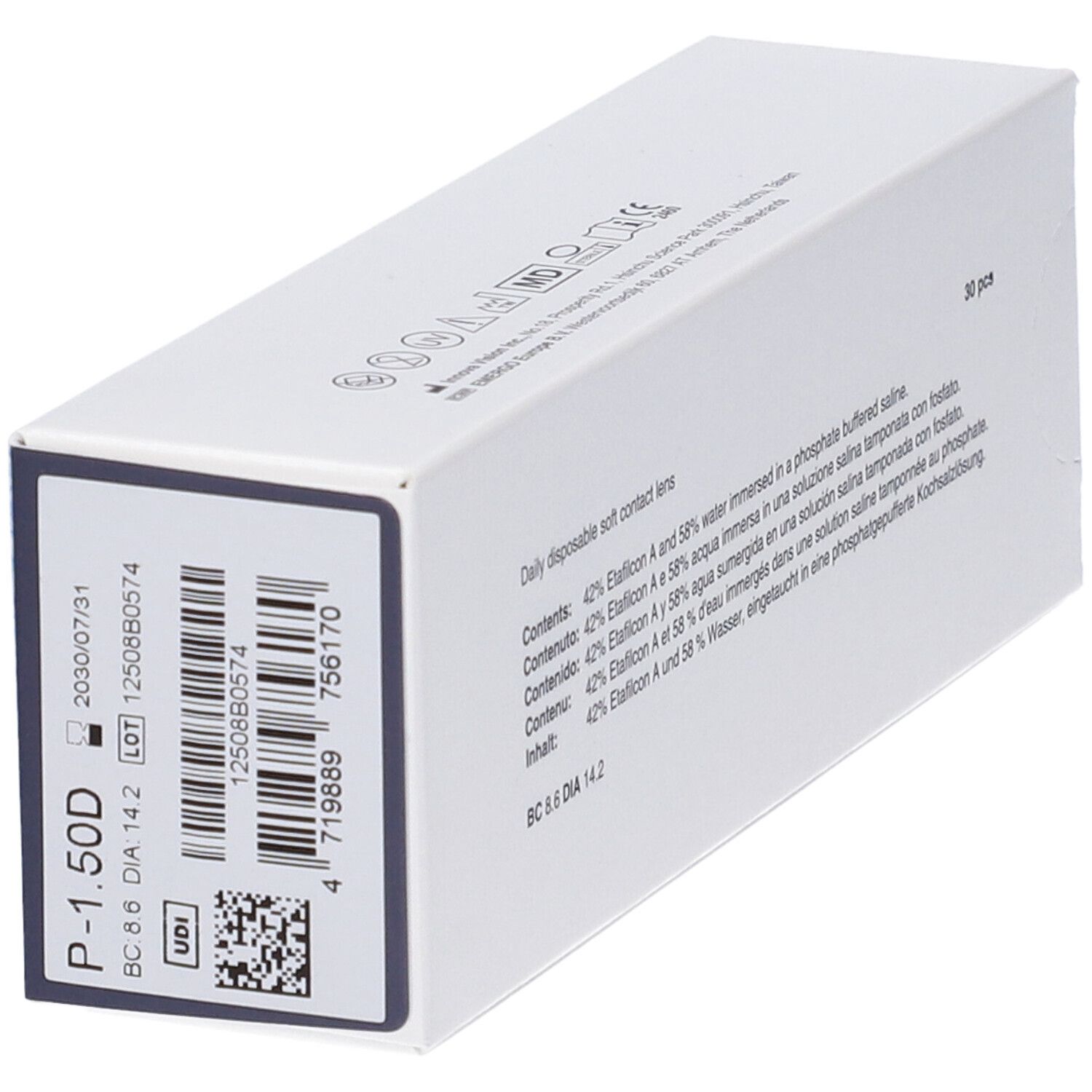 Scatola con informazioni sul prodotto e codice a barre. Contiene 30 lenti a contatto. Stampa: P-1.50D, BC 8.6 DIA 14.2.