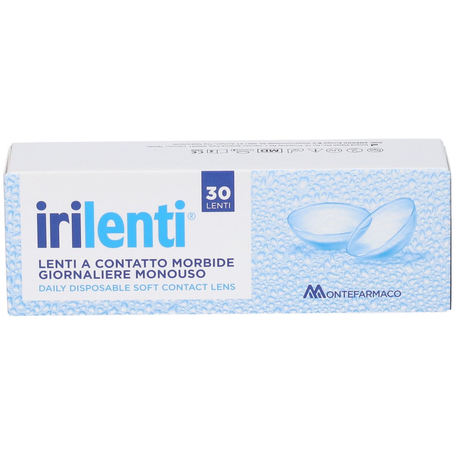 Scatola bianca con scritta blu "irilenti" e immagine di lenti a contatto. Contiene 30 lenti. Marchio: Montefarmaco.