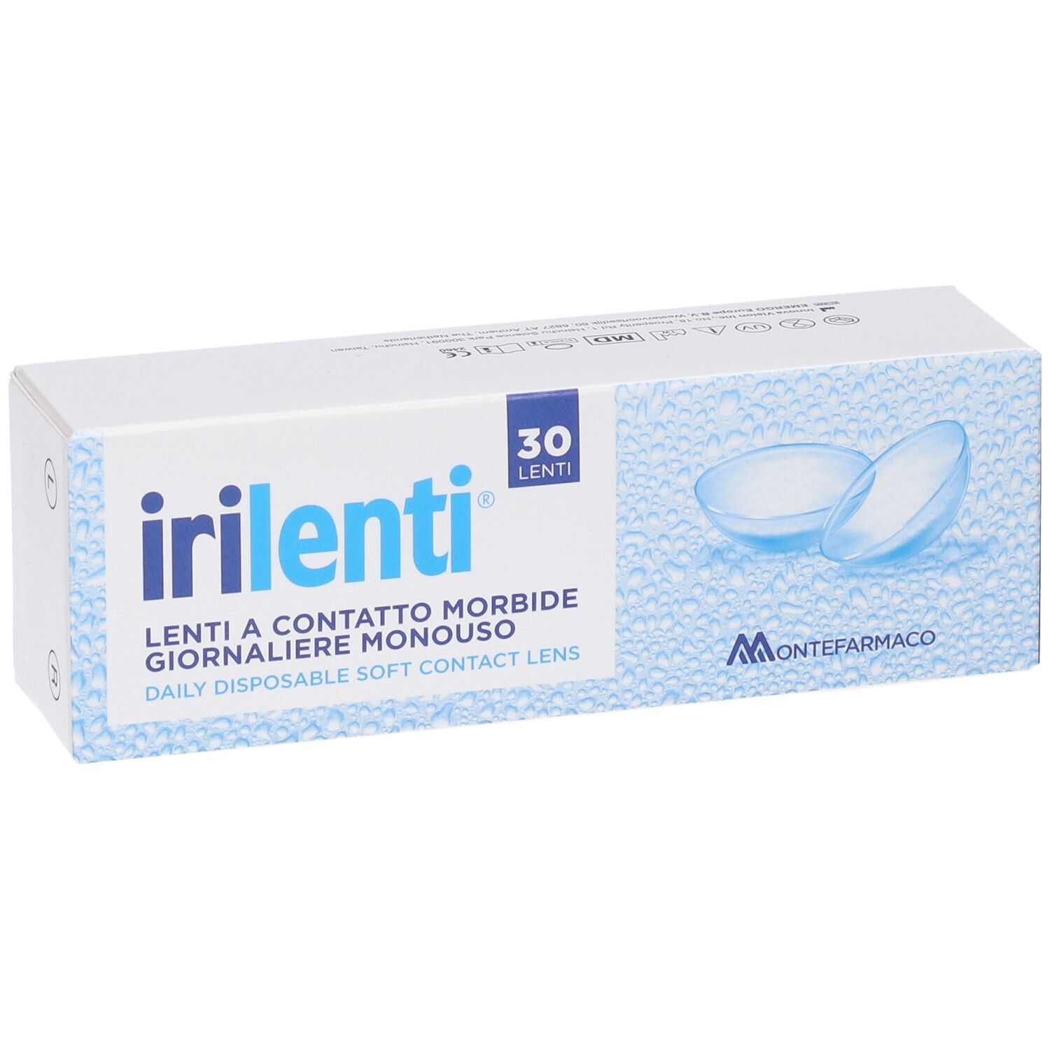 Scatola bianca con scritta blu "irilenti" e immagine di lenti a contatto. Contiene 30 lenti. Marchio: Montefarmaco.