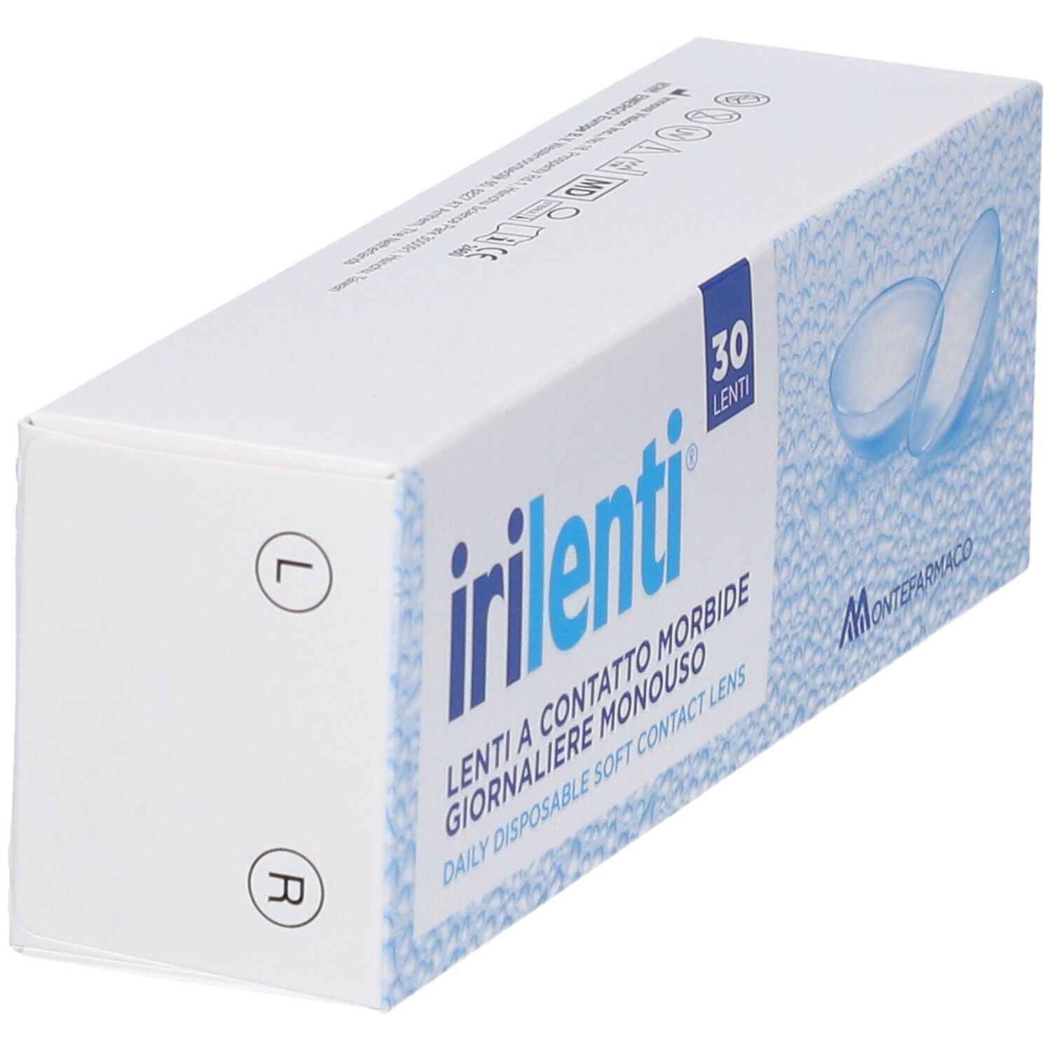 Scatola di lenti a contatto Irilenti. 30 lenti. Marchi L e R. Logo Montefarmaco.