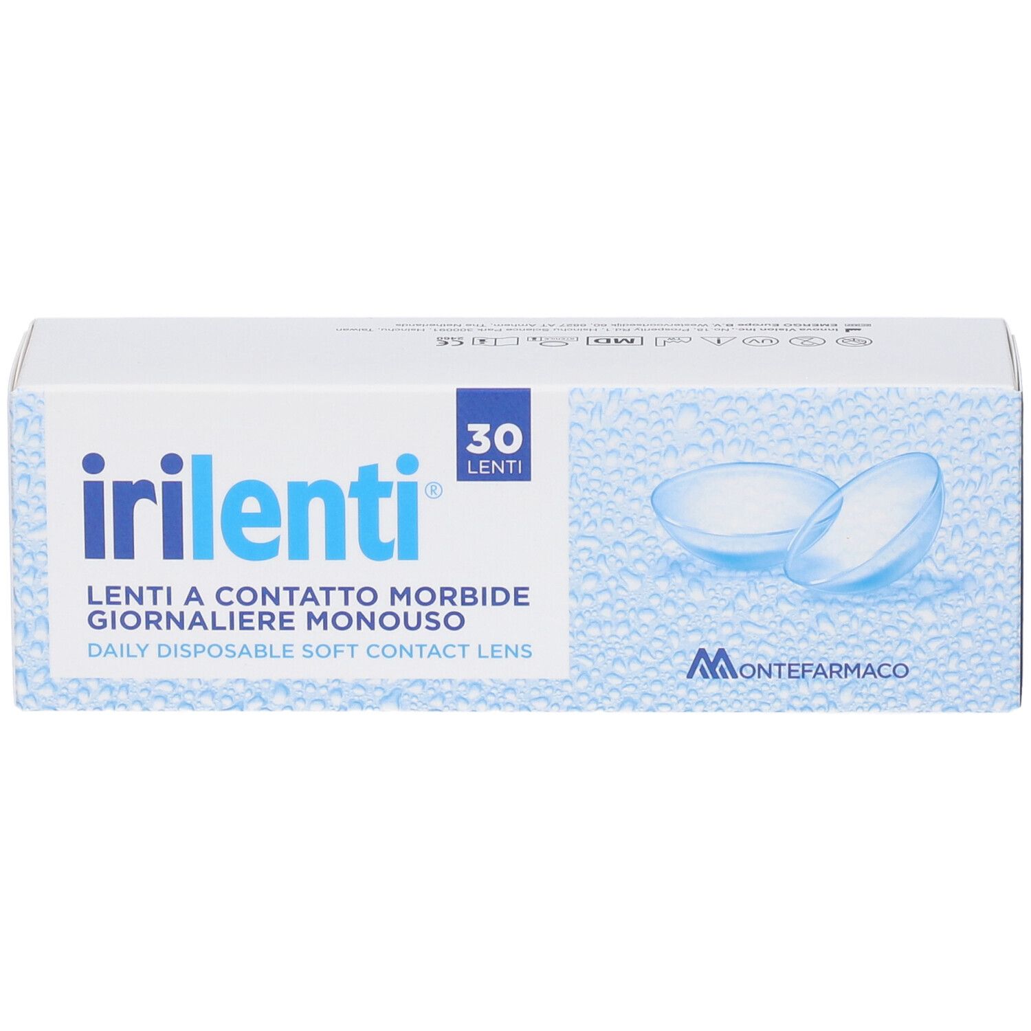 Scatola di lenti a contatto Irilenti. 30 lenti. Immagine di lenti blu. Logo Montefarmaco.