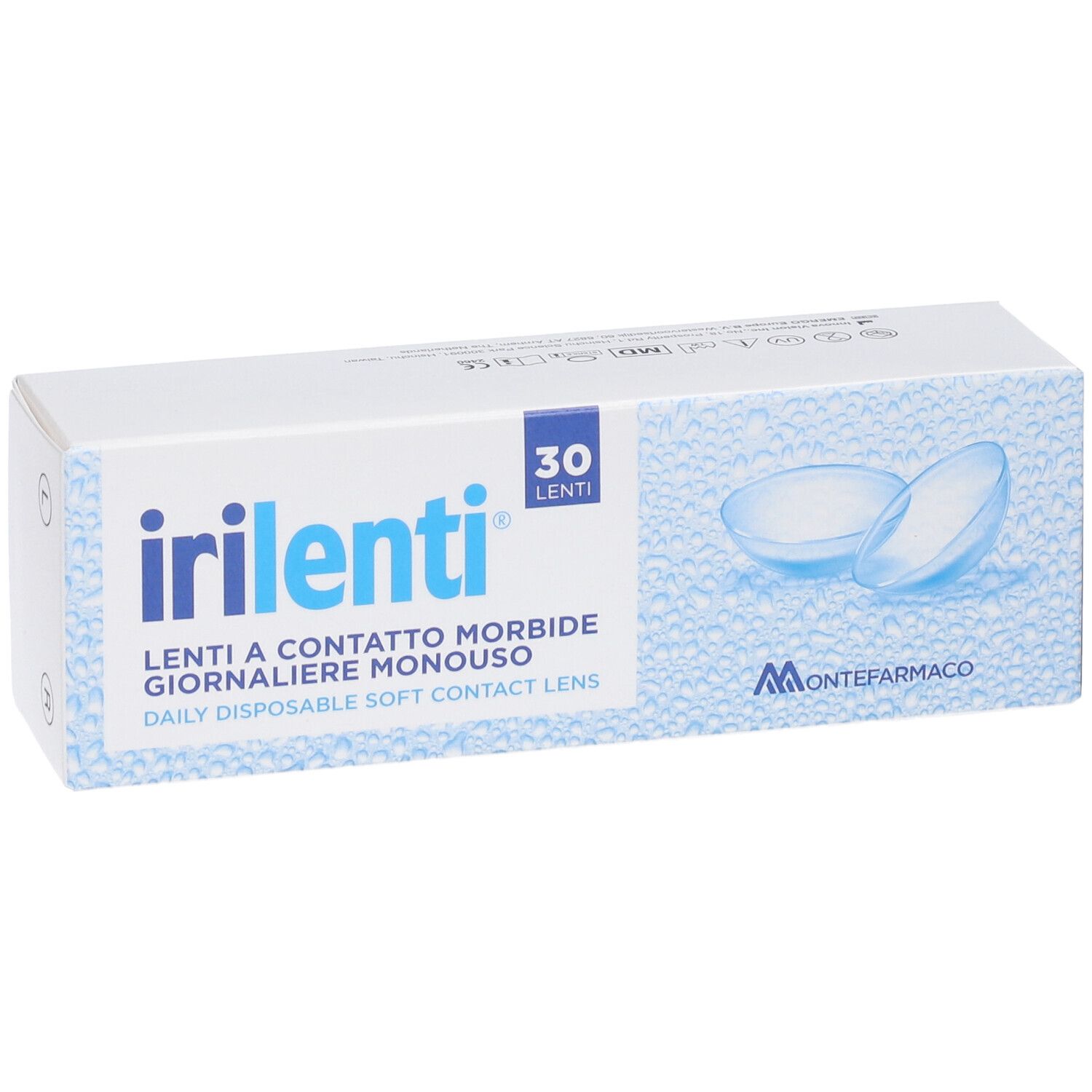 Scatola di lenti a contatto Irilenti. 30 lenti. Immagine di lenti blu. Logo Montefarmaco.