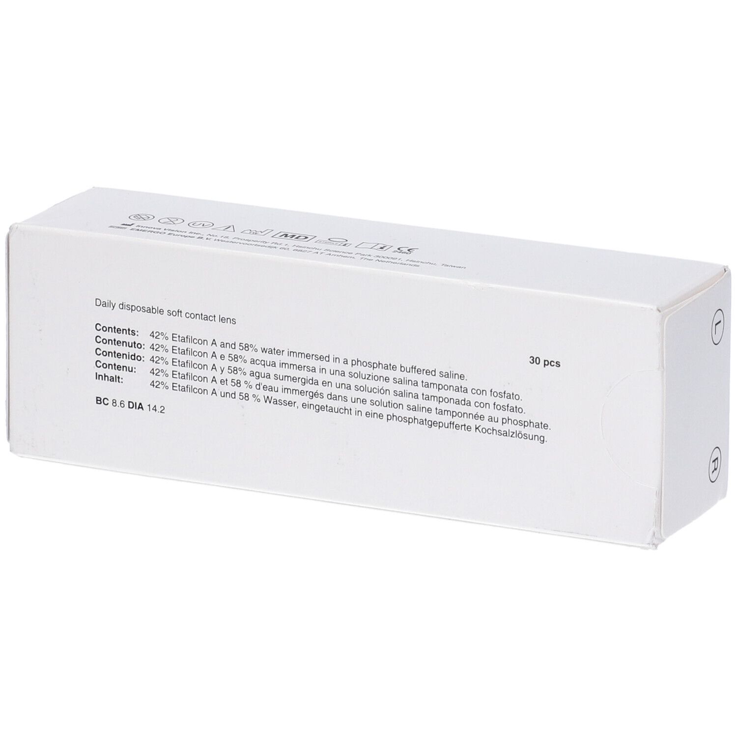 Confezione di lenti a contatto. Retro con testo. Scritta: 30 pezzi. Ingredienti in diverse lingue.