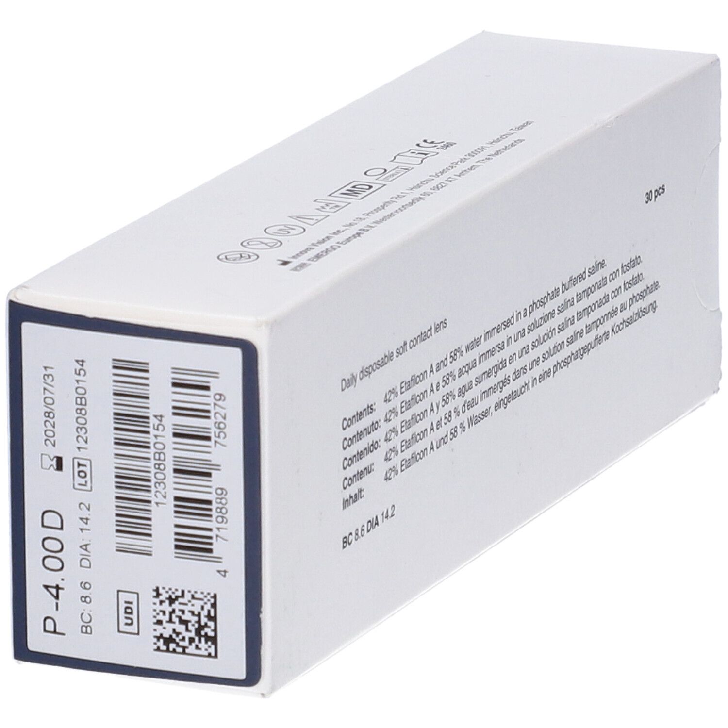 Confezione di lenti a contatto. Lato con testo e codice a barre. Scritta: P-4.00 D, BC 8.6, DIA 14.2. Codice UDI.