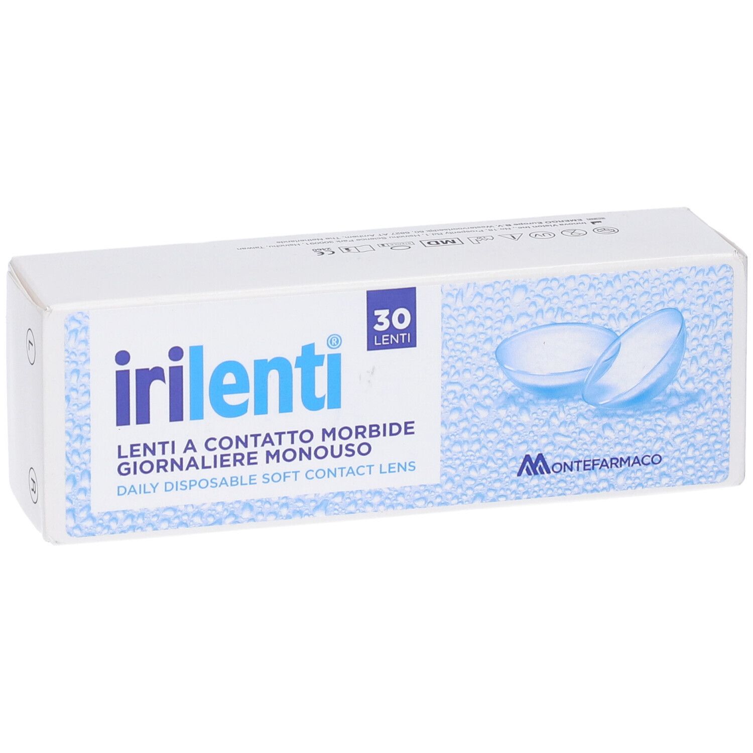 Confezione di lenti a contatto. Scritta: irilenti, 30 Lenti. Illustrazione di lenti. Marchio: Montefarmaco.