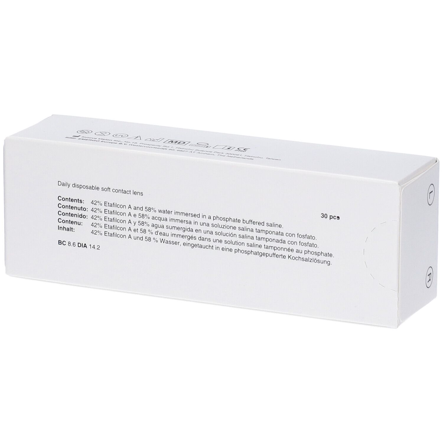 Scatola bianca, retro. Testo: Daily disposable soft contact lens. Contenuto: 42% Etfilcon A e 58% acqua. 30 pezzi.