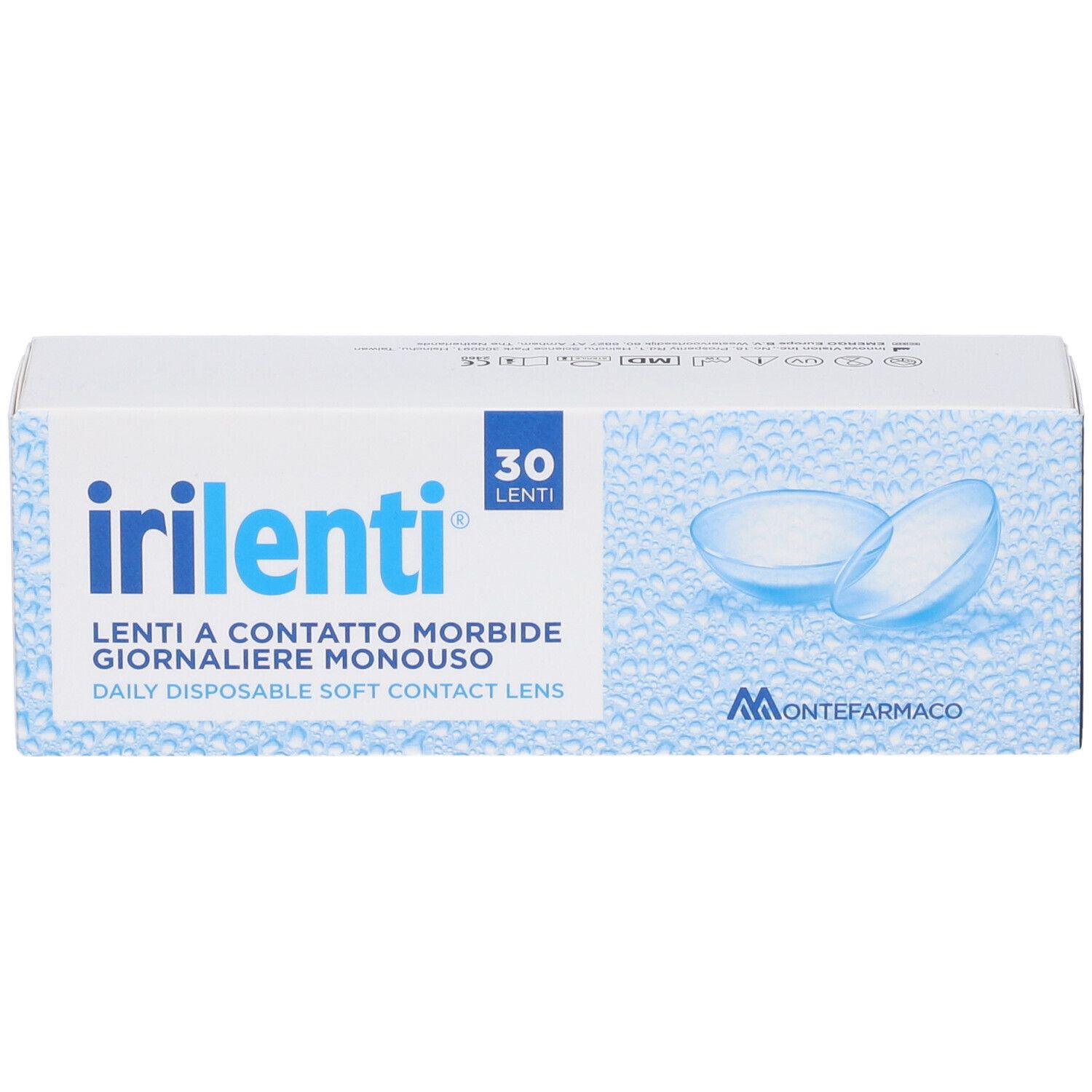 Scatola bianca con testo blu. Scritto: irilenti, Lenti a Contatto Giornaliere Monouso, 30 Lenti. Immagine di lenti a contatto.