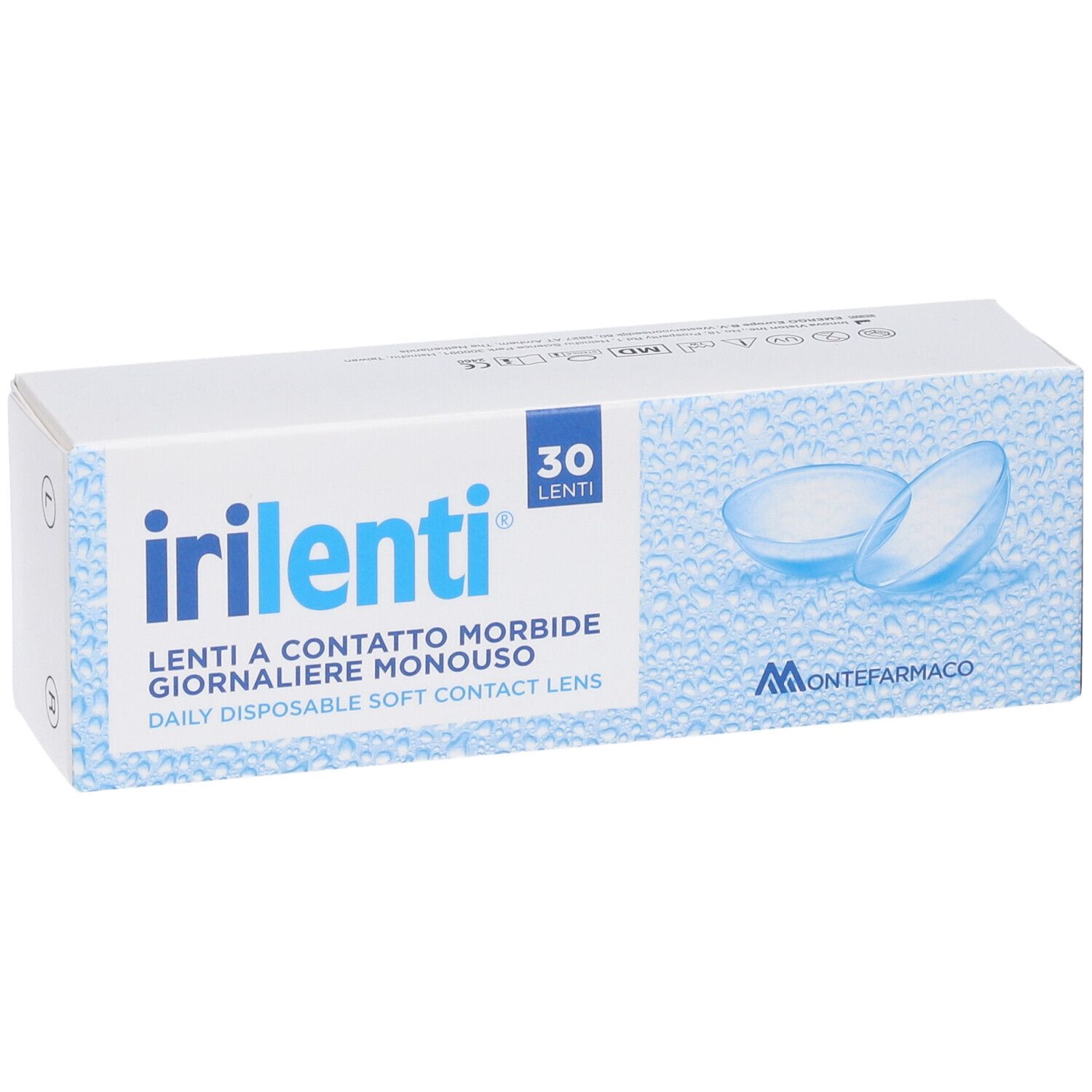 Scatola bianca con testo blu. Scritto: irilenti, Lenti a Contatto Giornaliere Monouso, 30 Lenti. Immagine di lenti a contatto.