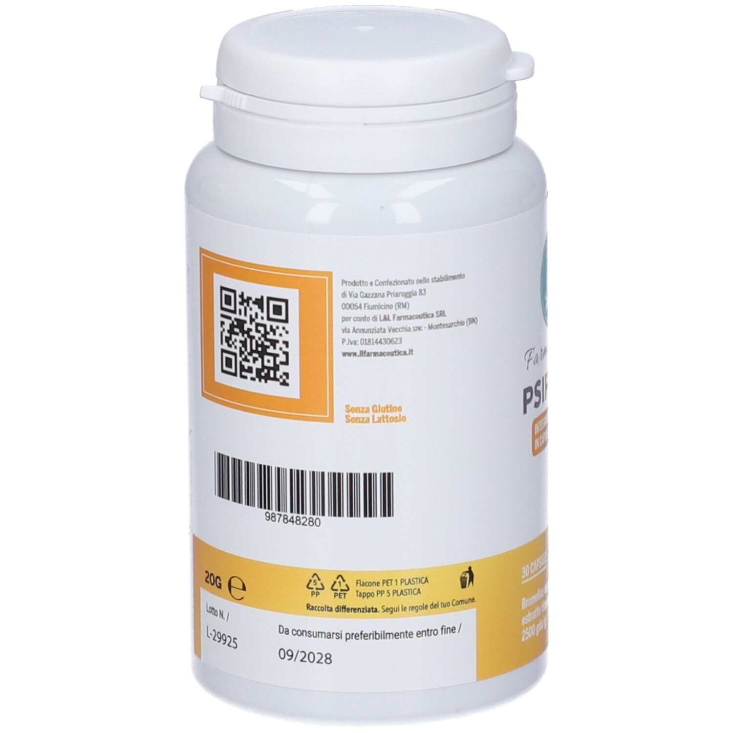 Retro flacone bianco. Codice QR, codice a barre, 20g, scadenza 09/2028. Senza glutine.