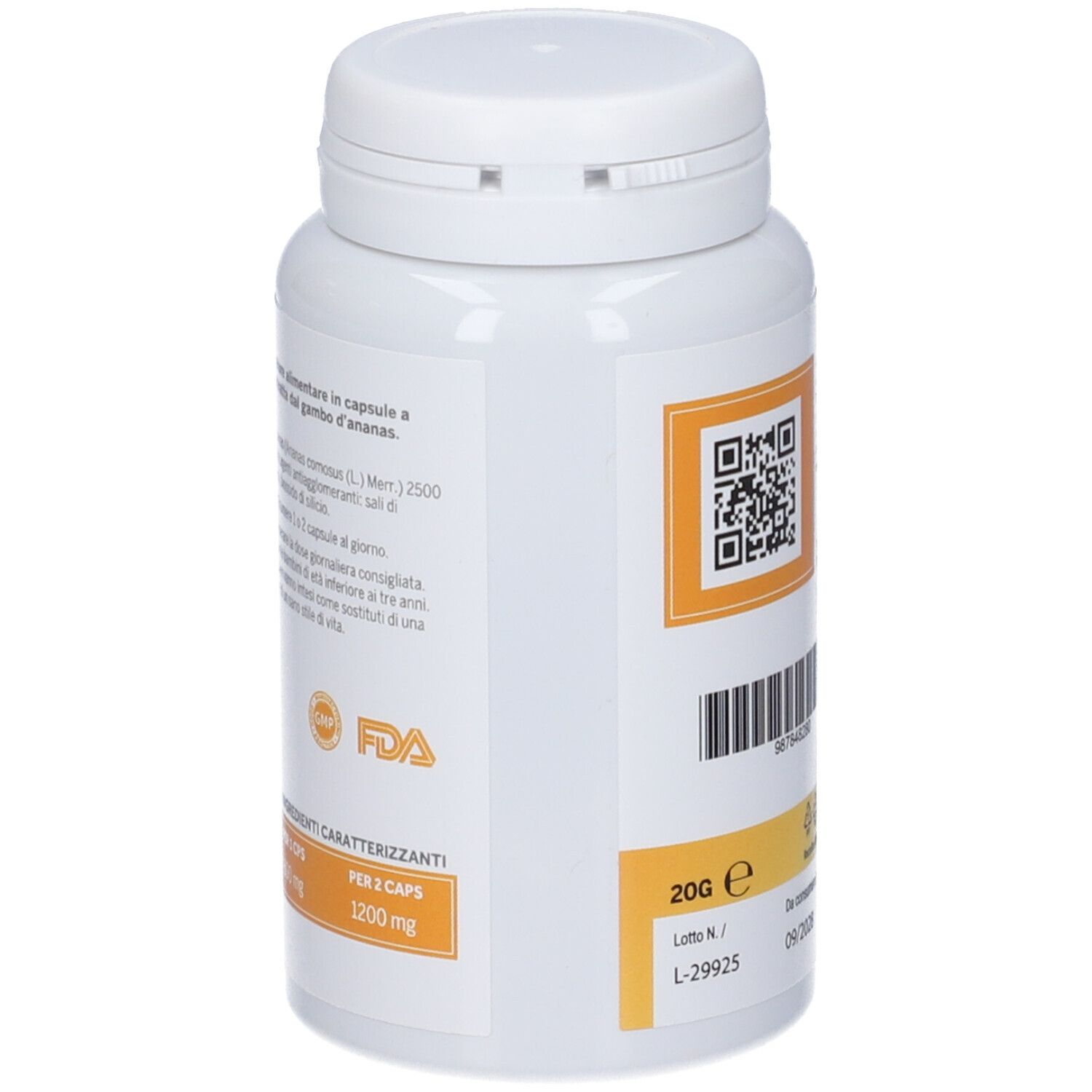 Flacone bianco, vista laterale. Codice QR, 20g, scadenza 09/2028. Certificazione FDA.