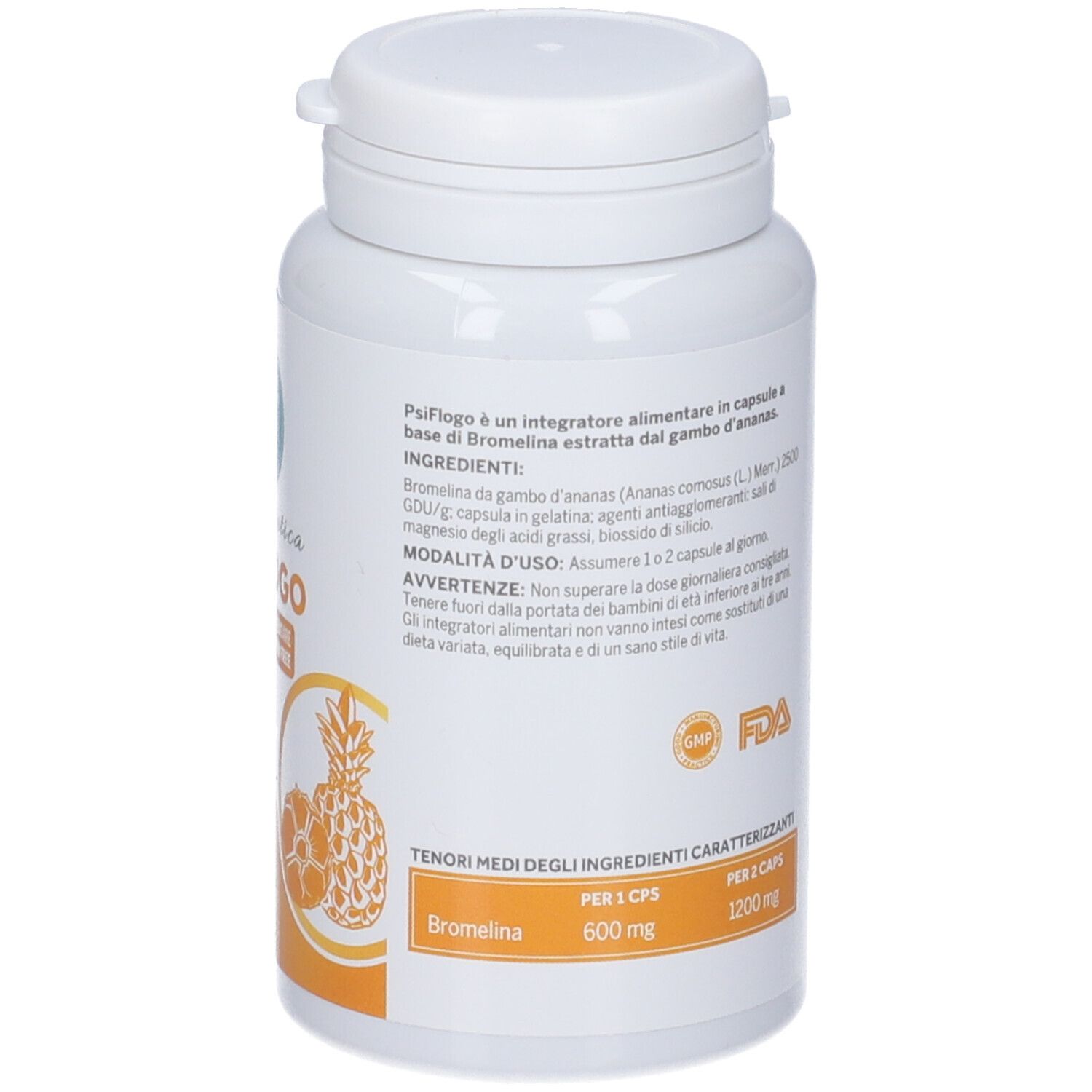 Flacone bianco con testo e ingredienti. Contiene bromelina. Certificazioni GMP e FDA.