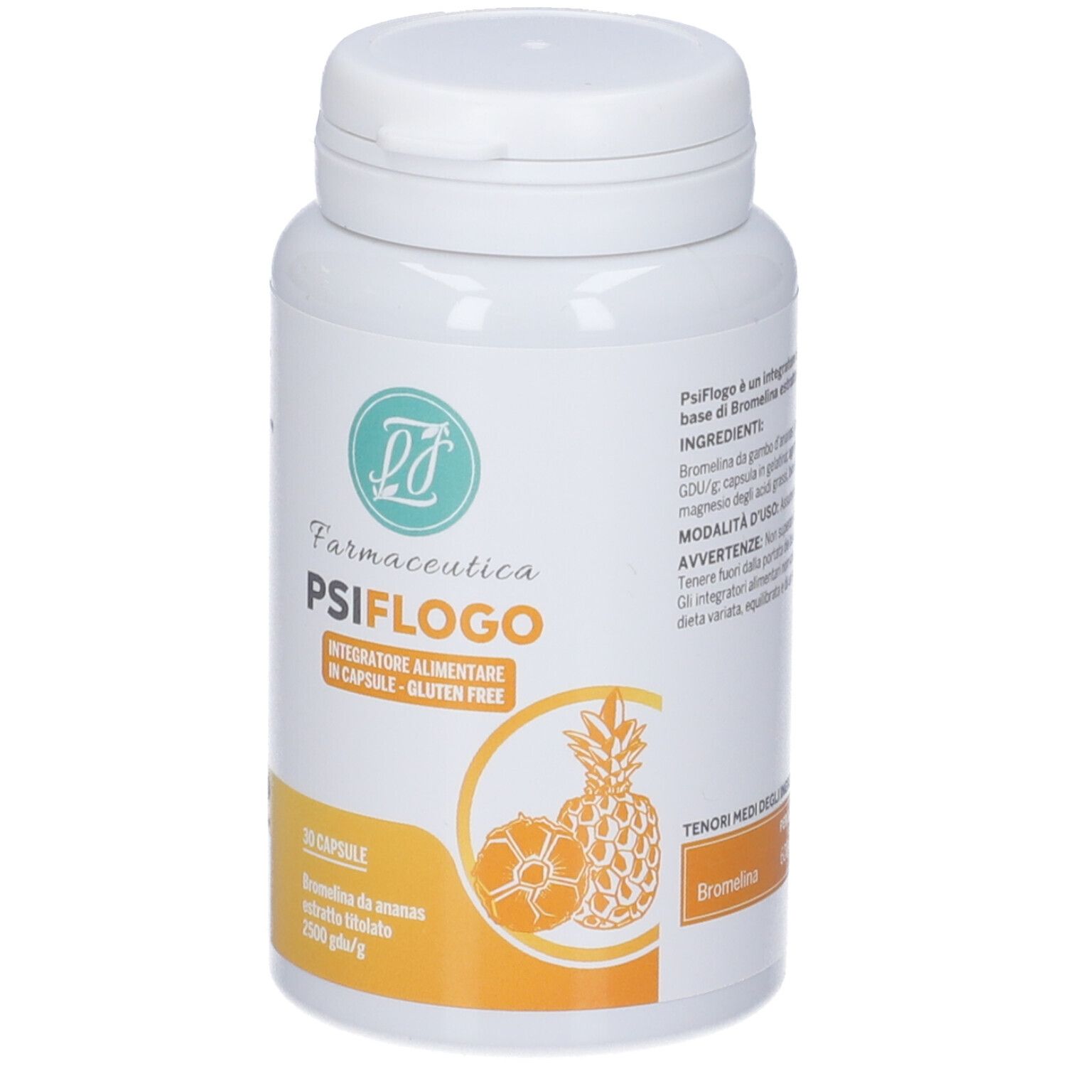 Flacone bianco PSIFLOGO con illustrazione ananas, 30 capsule, senza glutine. Contiene bromelina.