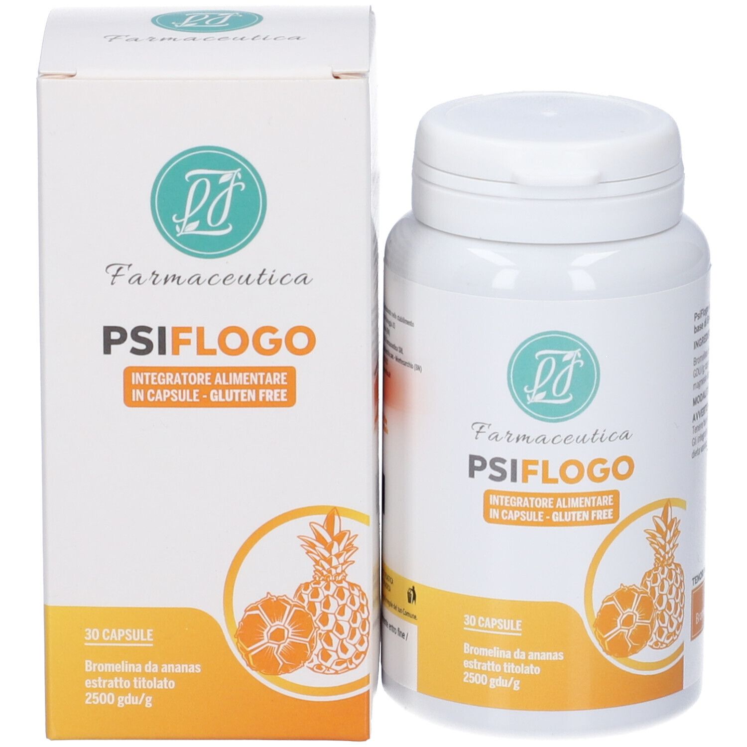 Confezione del prodotto con flacone e scatola. Flacone: PSIFLOGO, 30 capsule. Scatola: PSIFLOGO, 30 capsule.