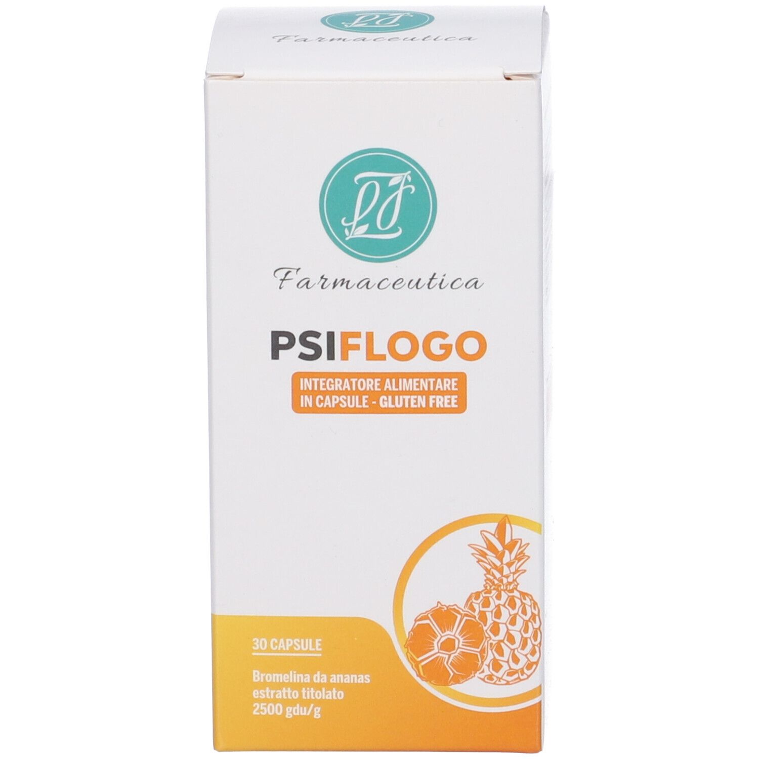 Confezione del prodotto, scatola PSIFLOGO, 30 capsule. Illustrazione ananas. Senza glutine.