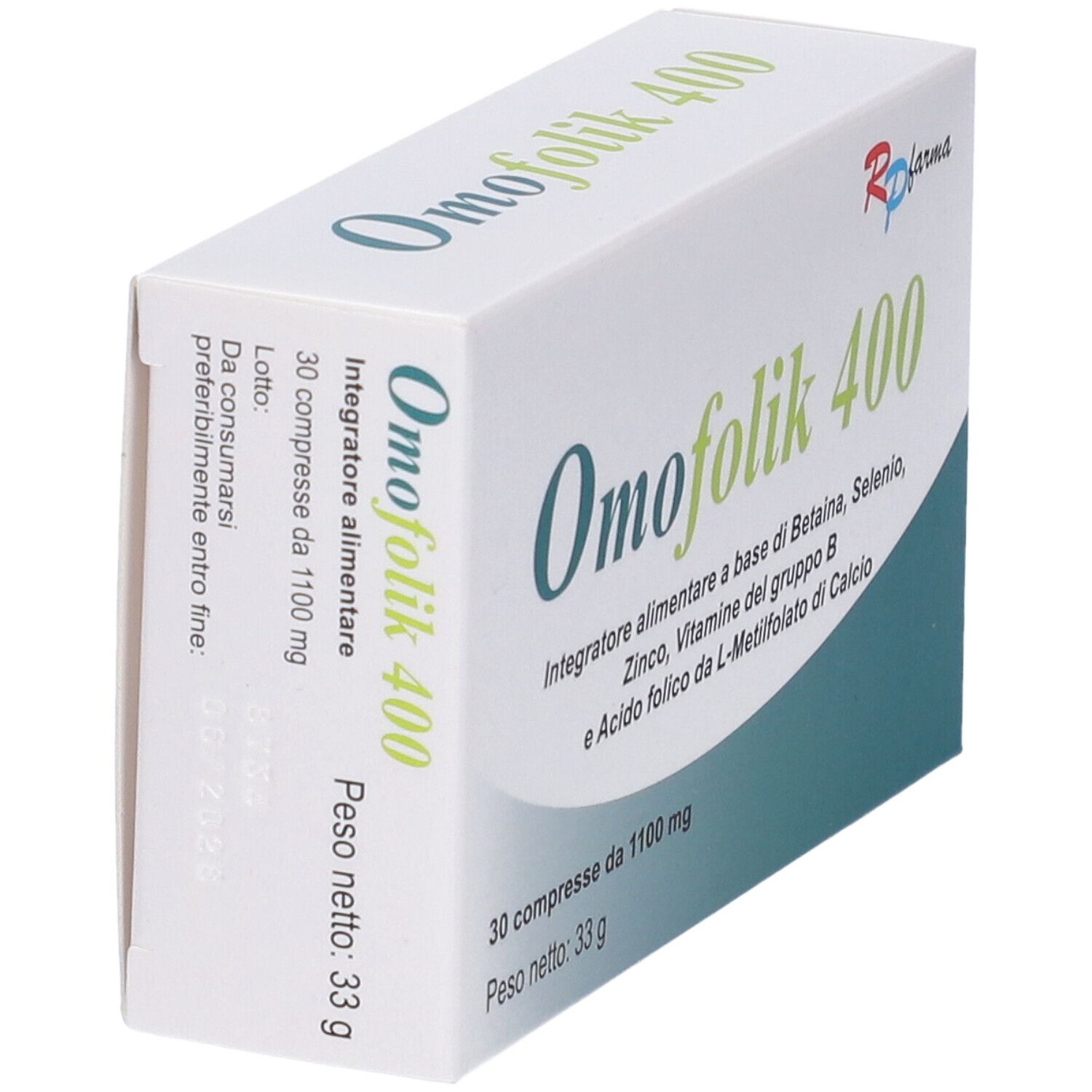Scatola bianca, Omofolik 400, 30 compresse. Contiene betaina, selenio, zinco, vitamine B e acido folico. Vista laterale.