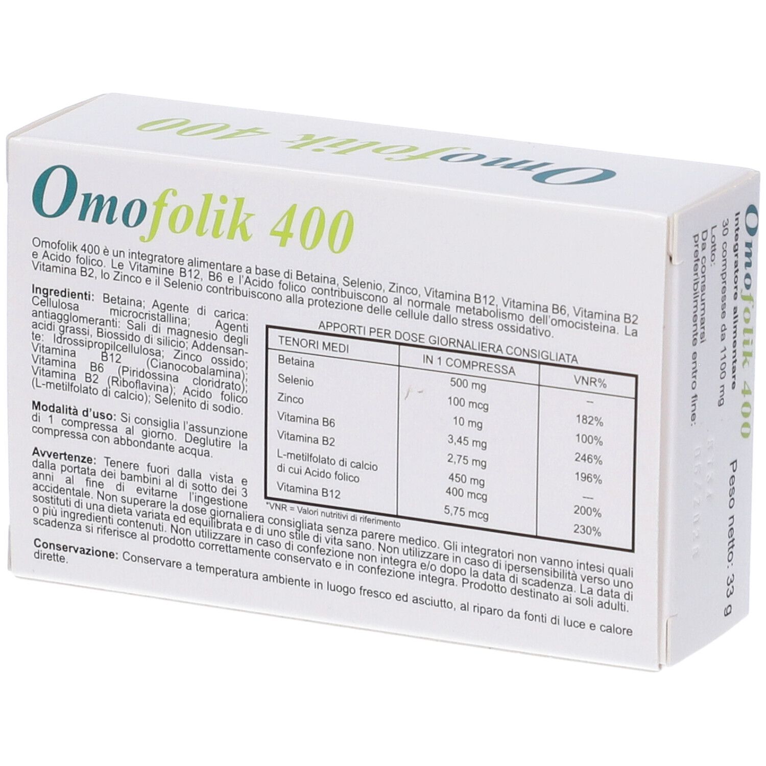 Scatola bianca, Omofolik 400. Retro con ingredienti e informazioni nutrizionali. 30 compresse.