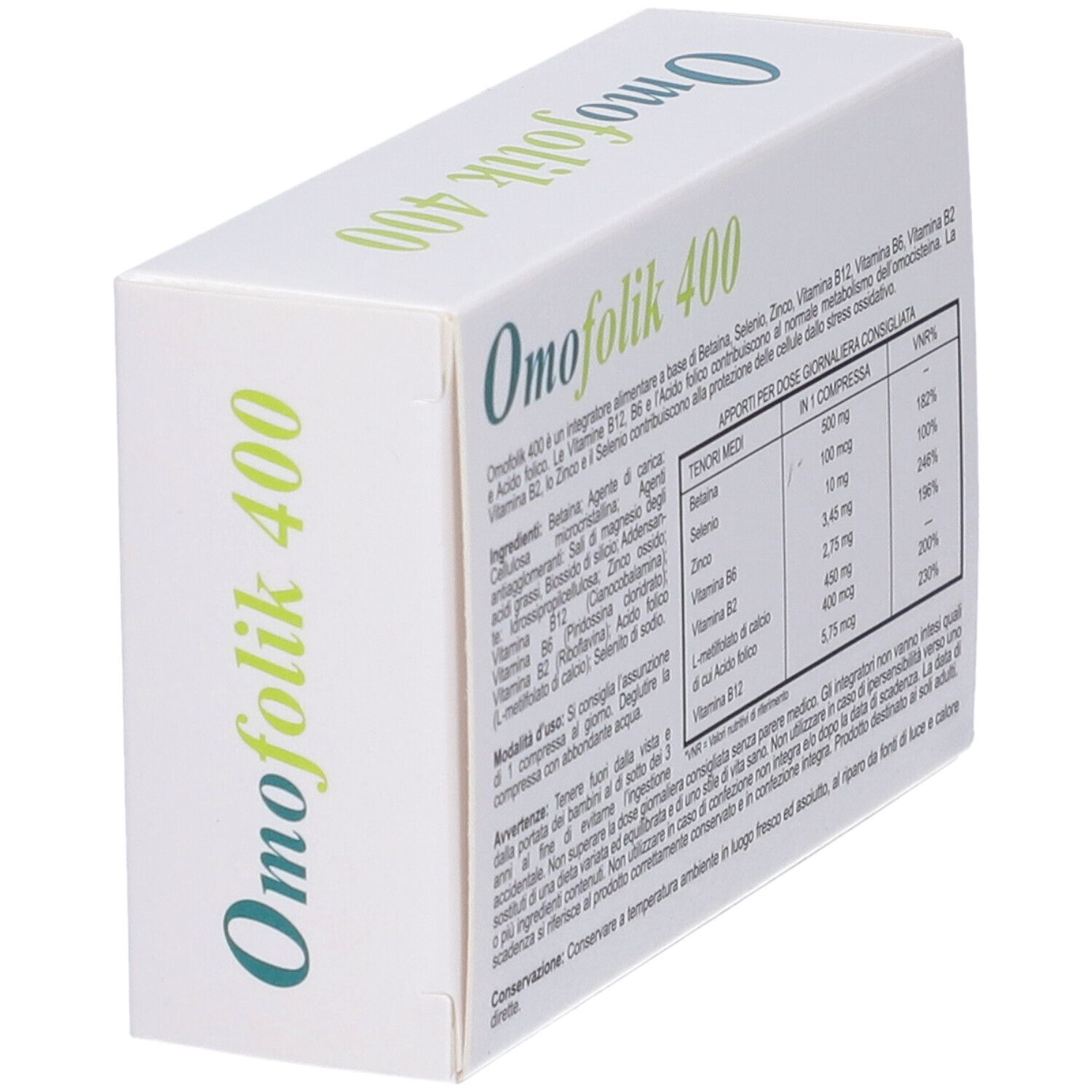 Scatola bianca, Omofolik 400. Retro con ingredienti e informazioni nutrizionali. Vista obliqua.