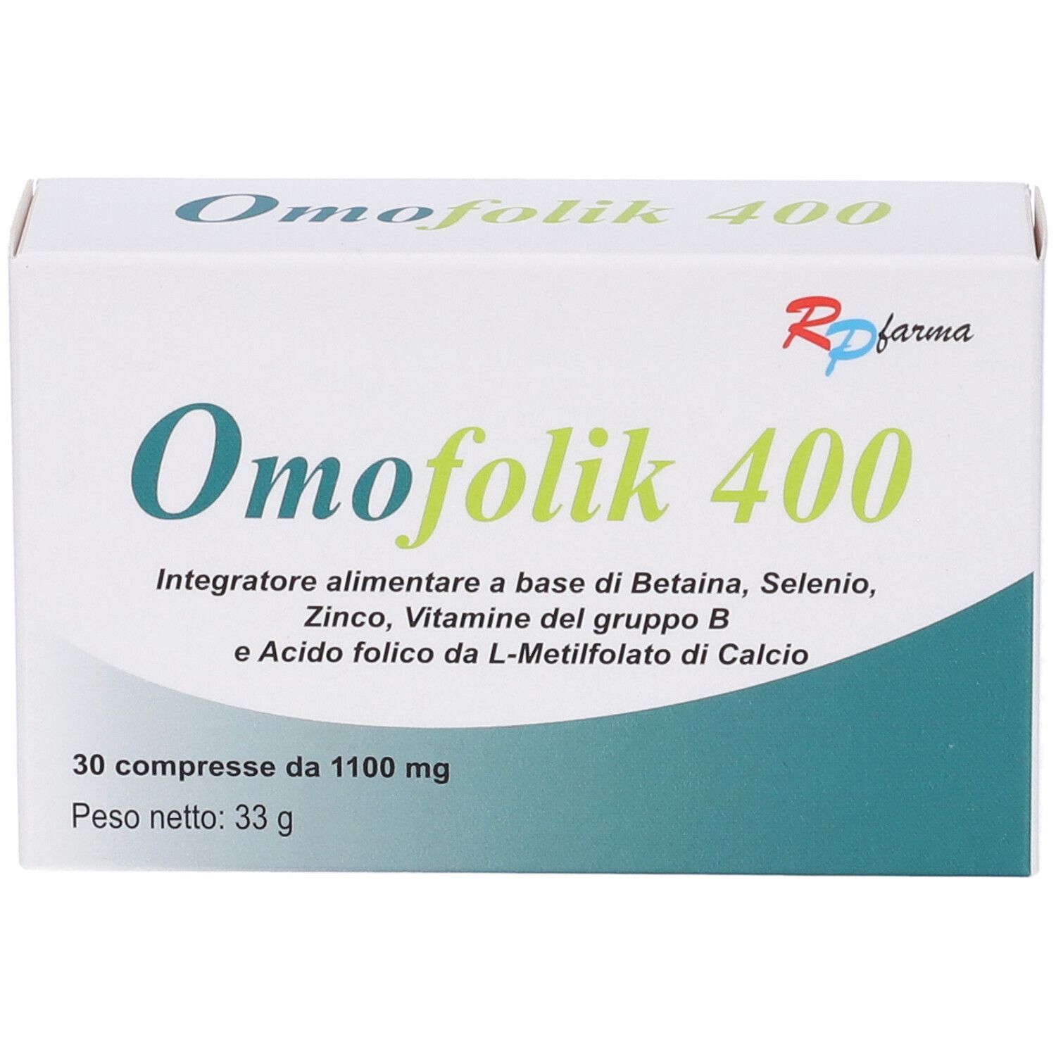 Scatola bianca con testo verde. Omofolik 400, 30 compresse. Contiene betaina, selenio, zinco, vitamine B e acido folico.