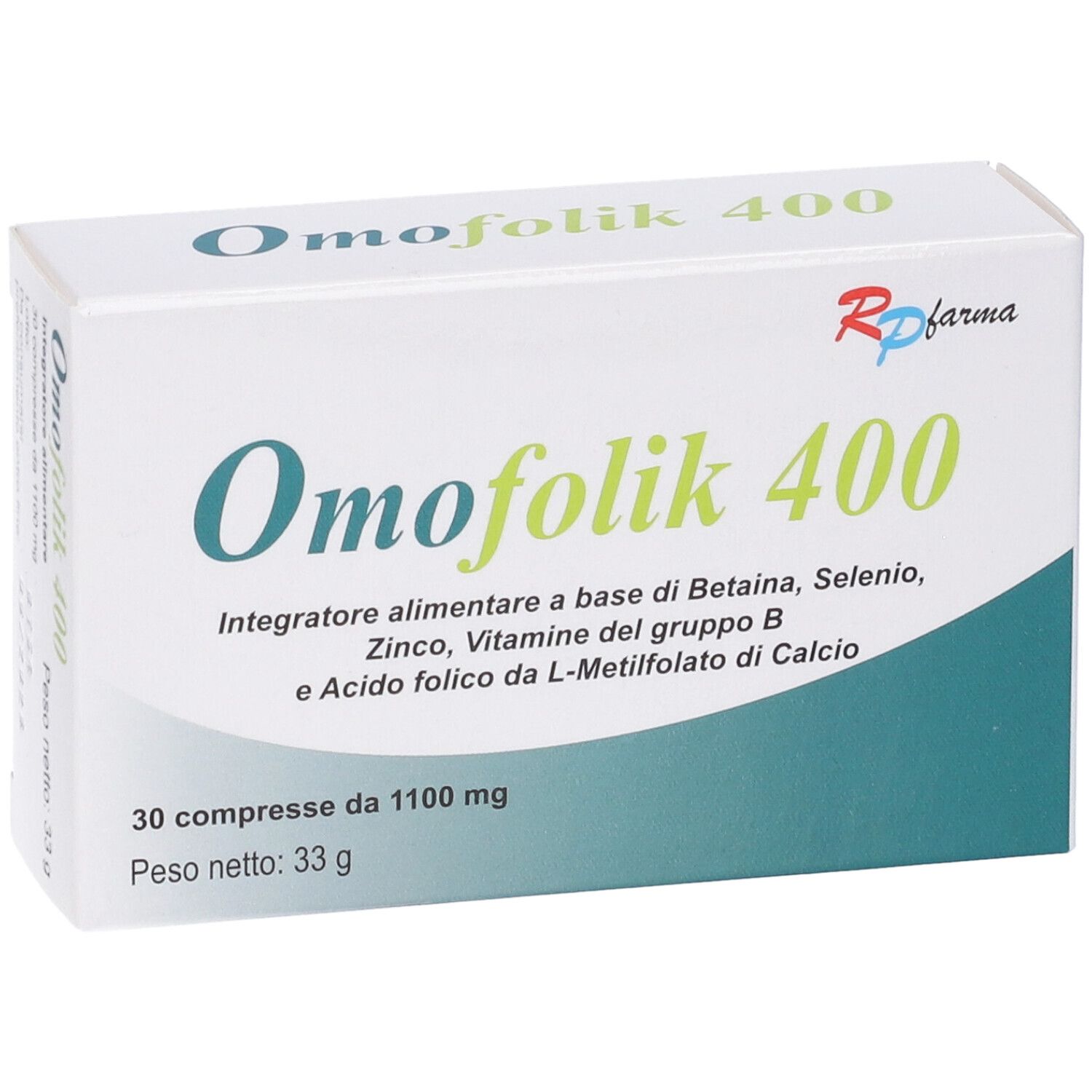 Scatola bianca con testo verde. Omofolik 400, 30 compresse. Contiene betaina, selenio, zinco, vitamine B e acido folico.