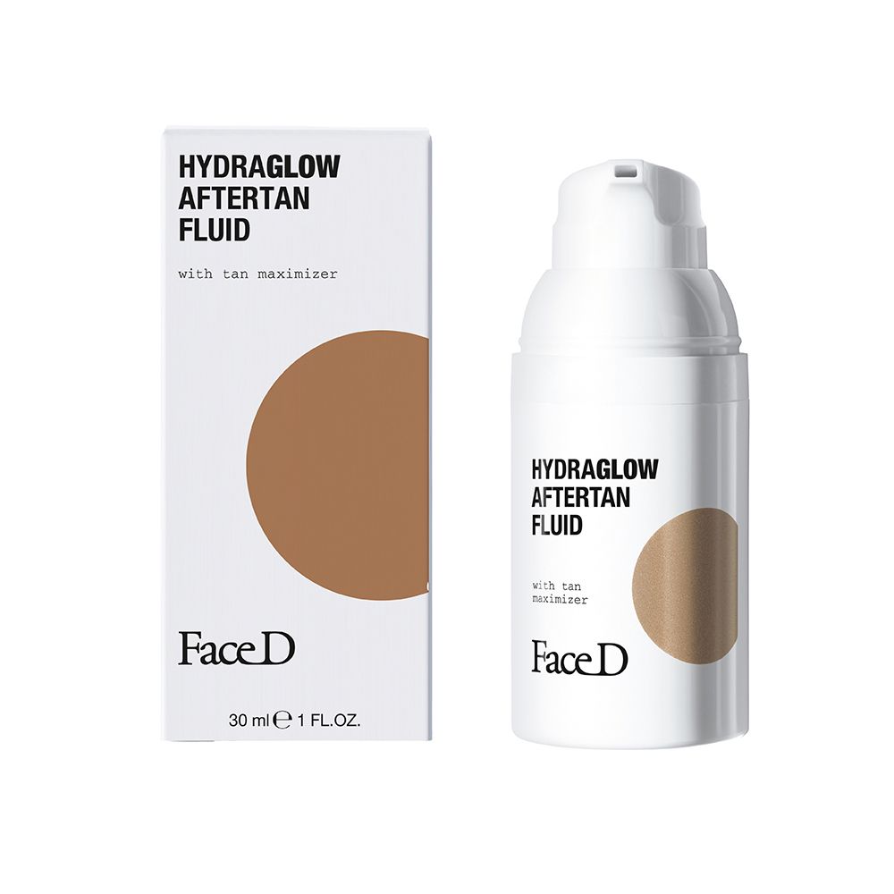 Dispenser e scatola bianchi con testo HYDRAGLOW AFTERTAN FLUID. Cerchio marrone. Marchio Face D.