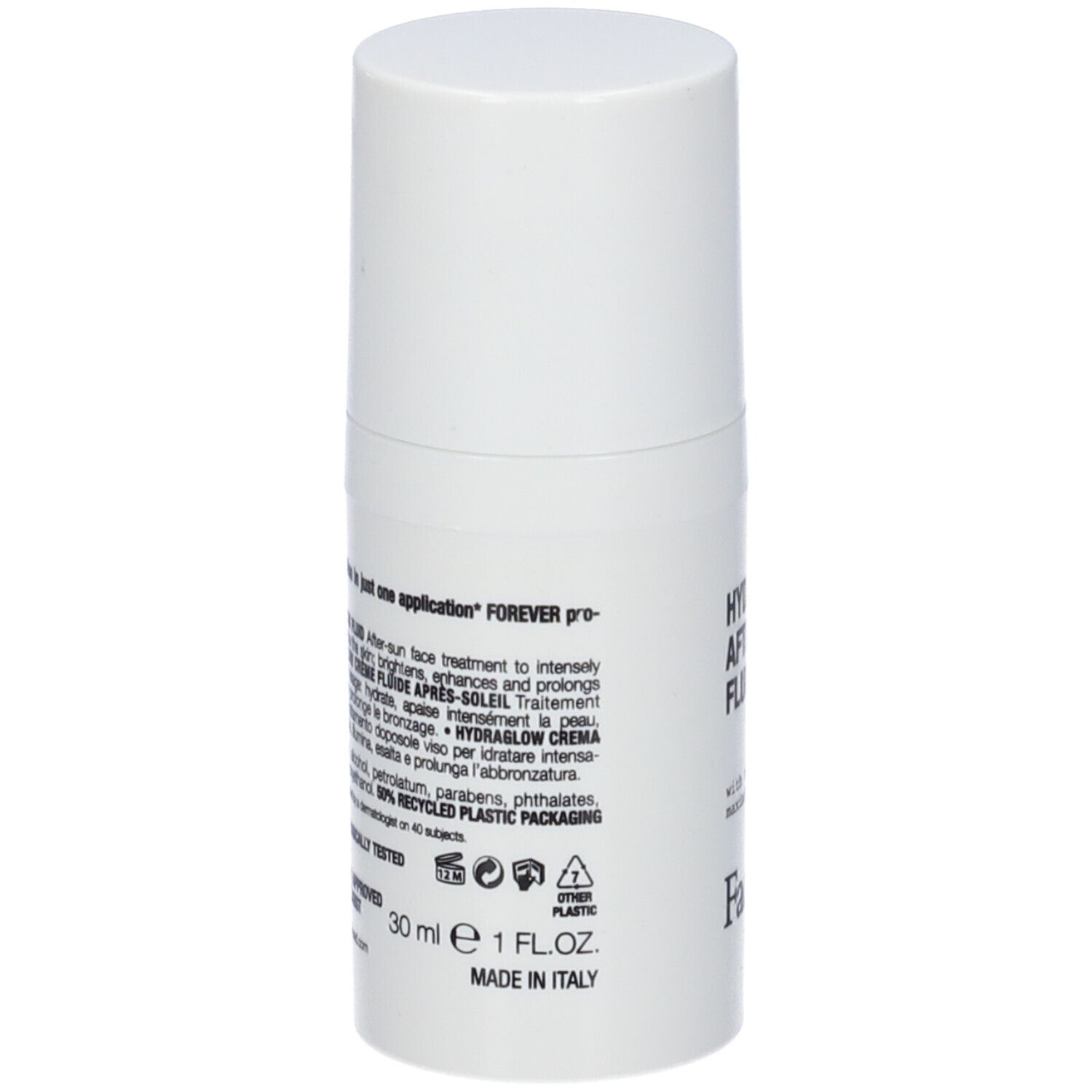 Dispenser bianco con testo HYDRAGLOW AFTERTAN FLUID. Testo e cerchio marrone. Marchio Face D.