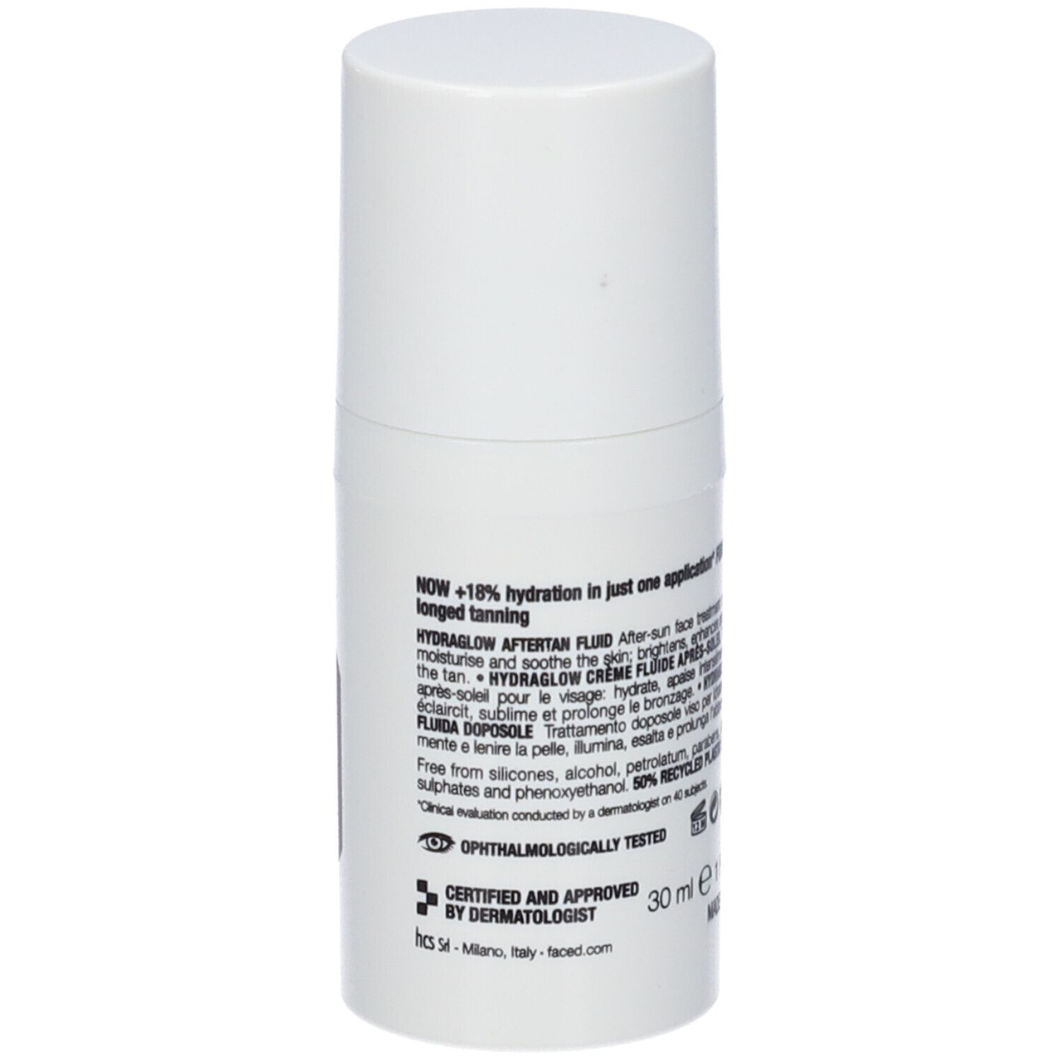 Dispenser bianco con testo HYDRAGLOW AFTERTAN FLUID. Testo e cerchio marrone. Marchio Face D.