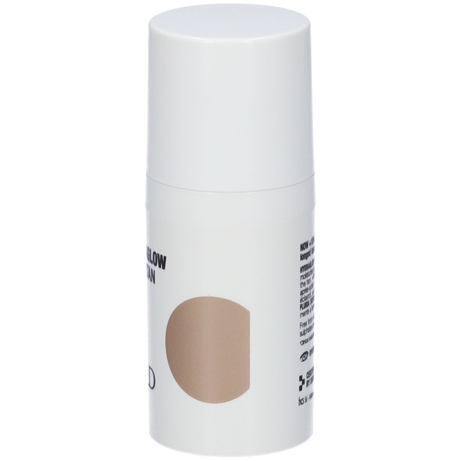 Dispenser bianco con testo HYDRAGLOW AFTERTAN FLUID. Cerchio marrone. Marchio Face D.