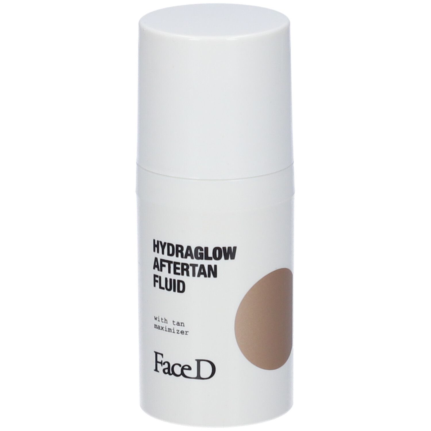 Dispenser bianco con testo HYDRAGLOW AFTERTAN FLUID. Cerchio marrone. Marchio Face D.