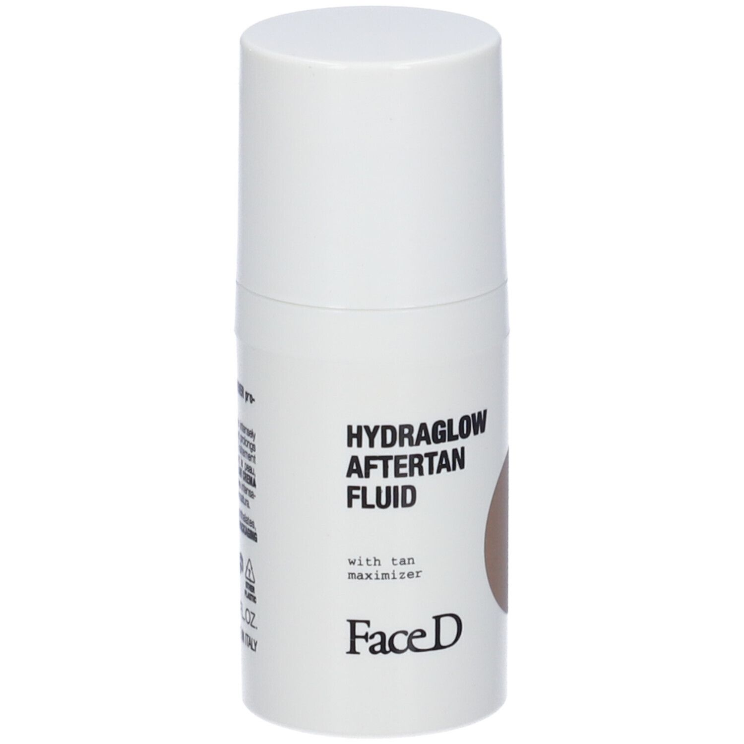 Dispenser bianco con testo HYDRAGLOW AFTERTAN FLUID. Cerchio marrone. Marchio Face D.
