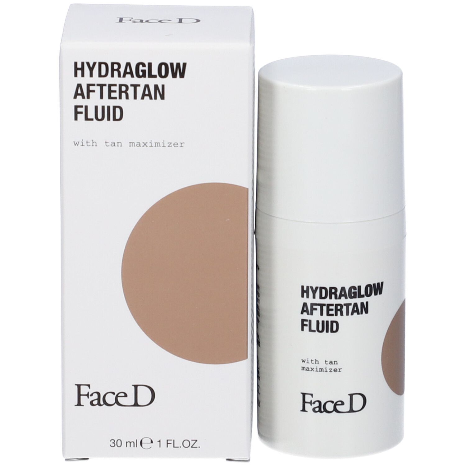 Dispenser e scatola bianchi con testo HYDRAGLOW AFTERTAN FLUID. Cerchio marrone. Marchio Face D.