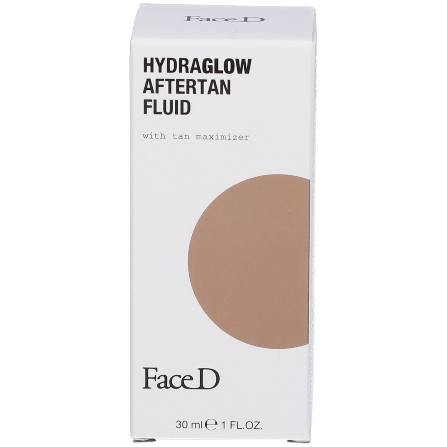 Scatola bianca con testo HYDRAGLOW AFTERTAN FLUID. Cerchio marrone. Marchio Face D.