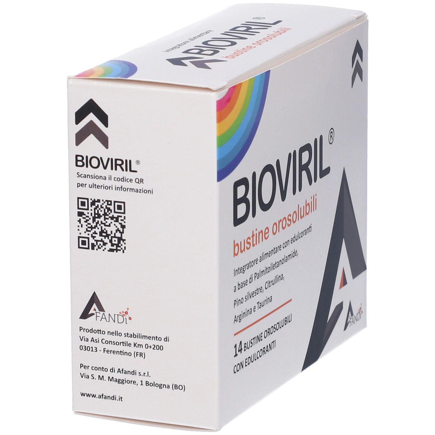 Scatola "Bioviril" con 14 bustine. Codice QR e logo. Testo: "bustine orosolubili". Design arcobaleno.