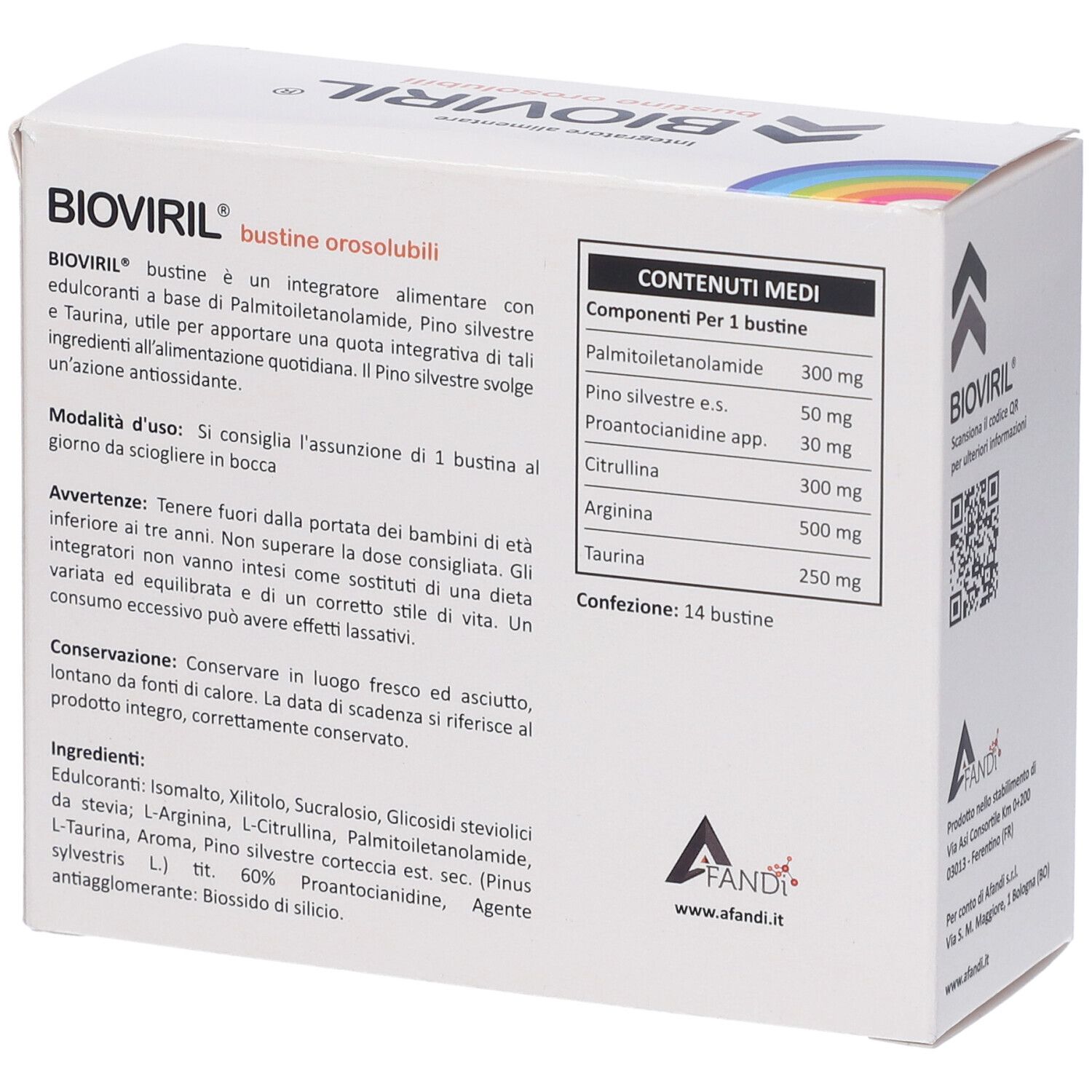 Retro della scatola "Bioviril". Contiene ingredienti e informazioni nutrizionali. Testo: "bustine orosolubili".