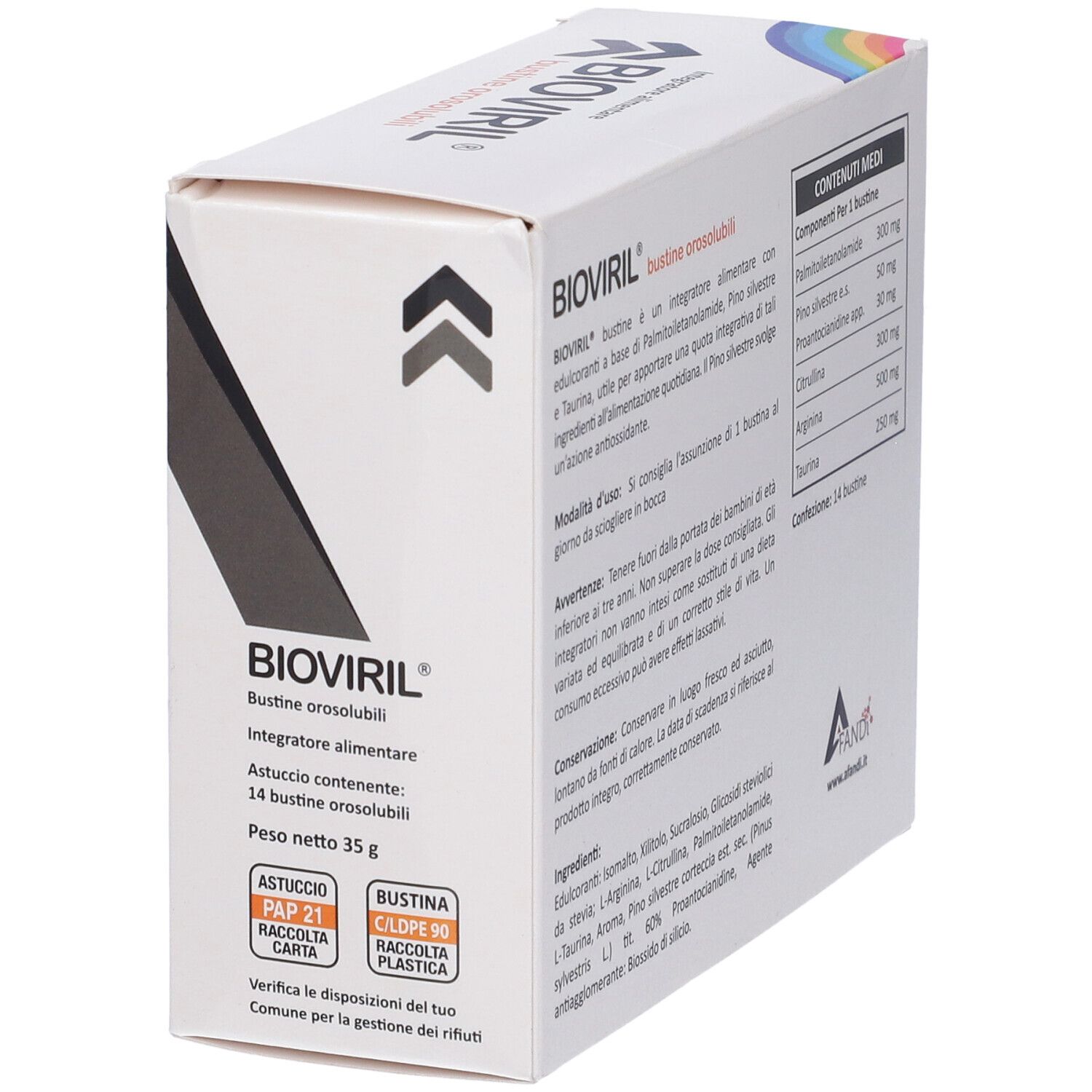 Scatola "Bioviril" con 14 bustine. Testo: "bustine orosolubili". Peso: 35g. Simboli di riciclaggio.