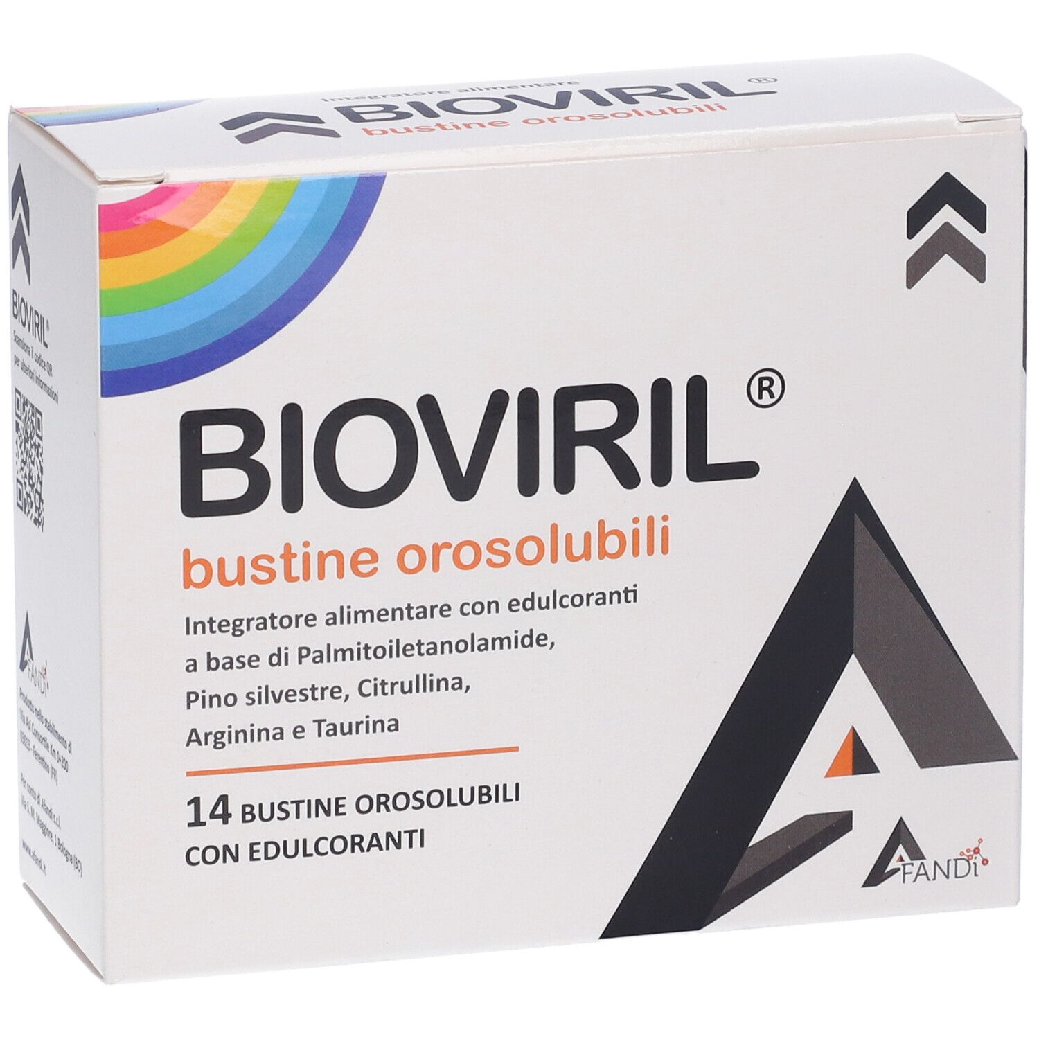 Scatola "Bioviril" con 14 bustine. Testo: "bustine orosolubili". Design arcobaleno e logo.
