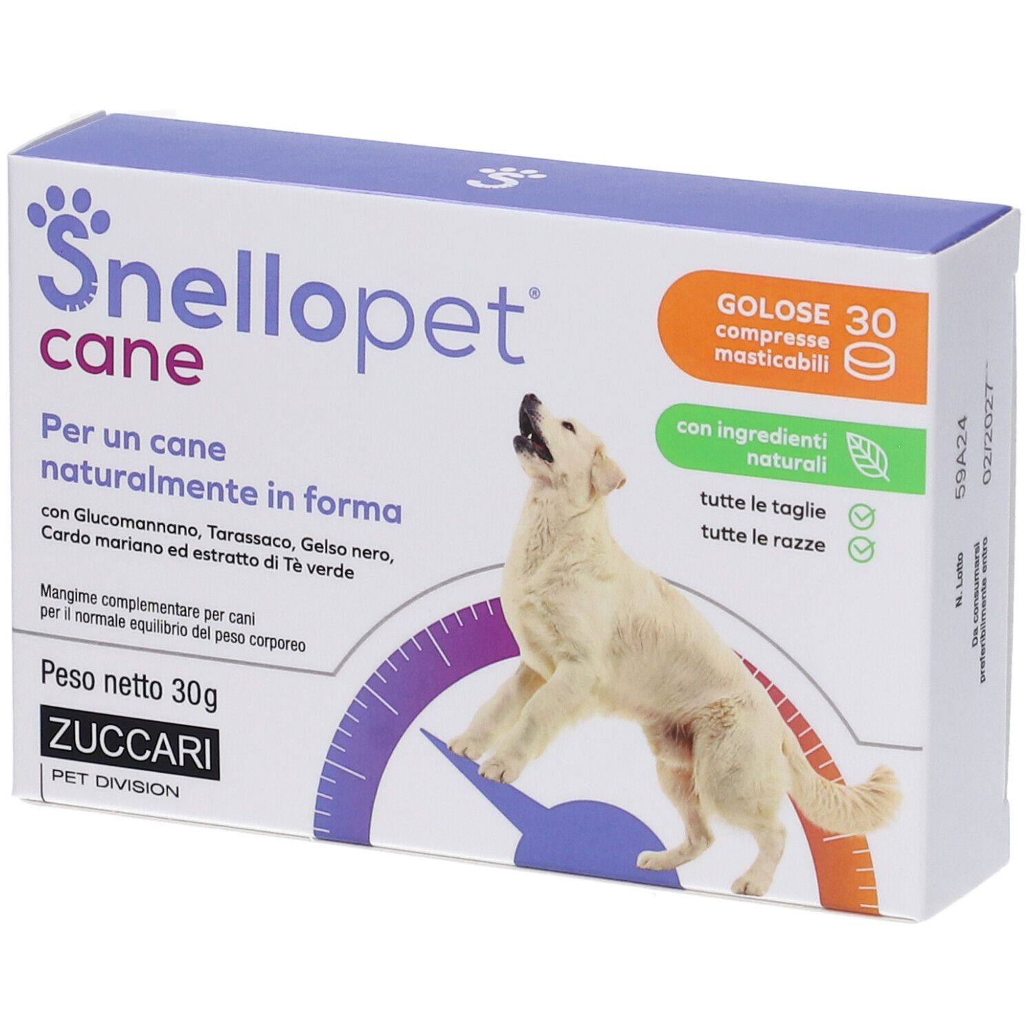 Confezione Snellopet cane. Immagine di cane. Testo: 30 compresse masticabili, ingredienti naturali. Per cani di tutte le taglie e razze.