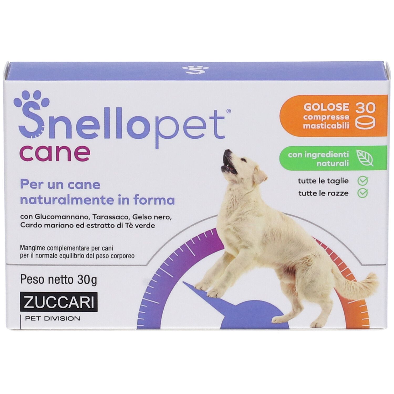 Confezione Snellopet cane. Immagine di cane. Testo: 30 compresse masticabili, ingredienti naturali. Per cani di tutte le taglie e razze.