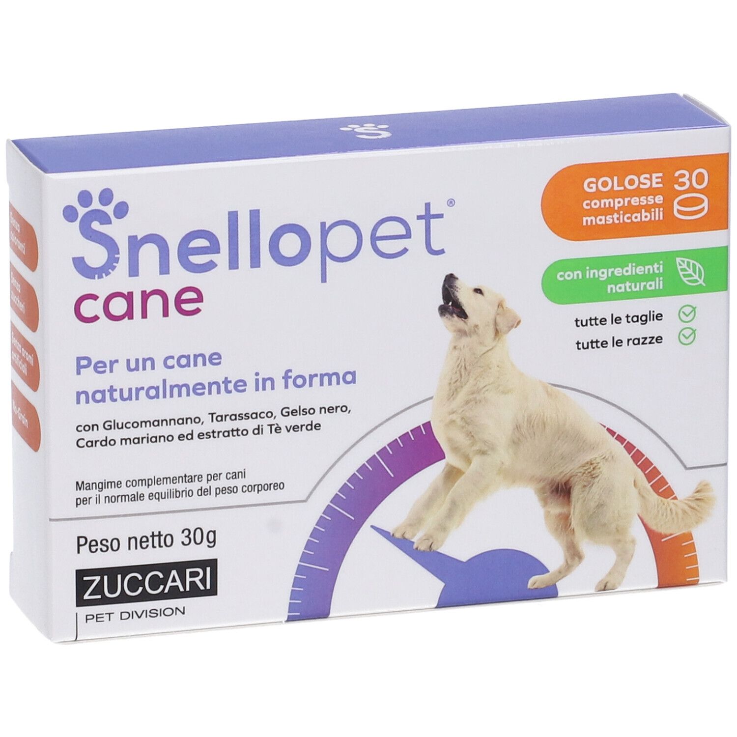 Confezione Snellopet cane. Immagine di cane. Testo: 30 compresse masticabili, ingredienti naturali. Per cani di tutte le taglie e razze.