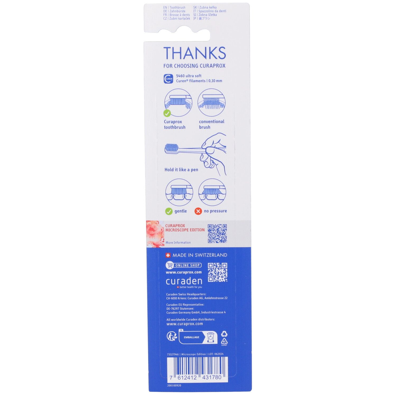 Retro della confezione blister. Testo: 'THANKS FOR CHOOSING CURAPROX'. Informazioni sullo spazzolino e l'origine.
