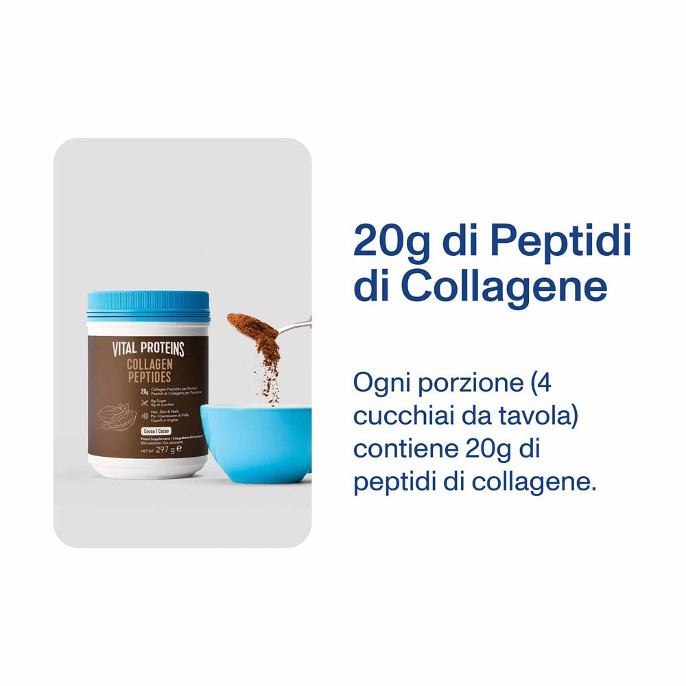 Barattolo e polvere in una ciotola blu. Testo: 20g di collagene. Su sfondo bianco.