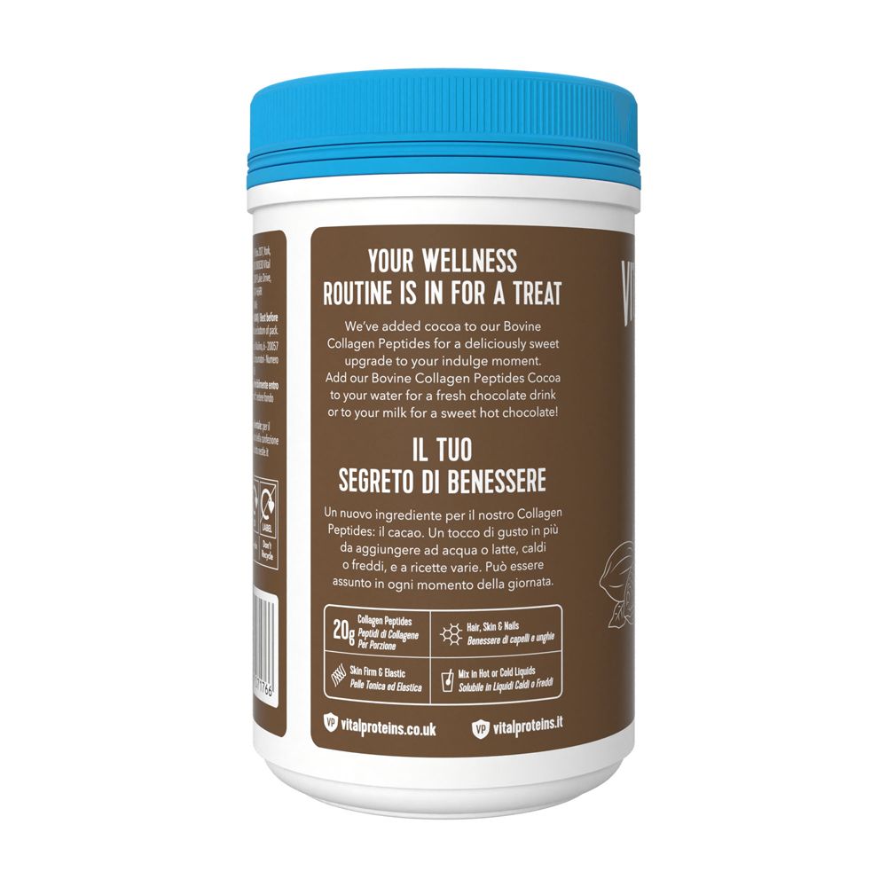 Retro del barattolo. Testo: Your wellness routine is in for a treat. 20g collagene. Sito web.
