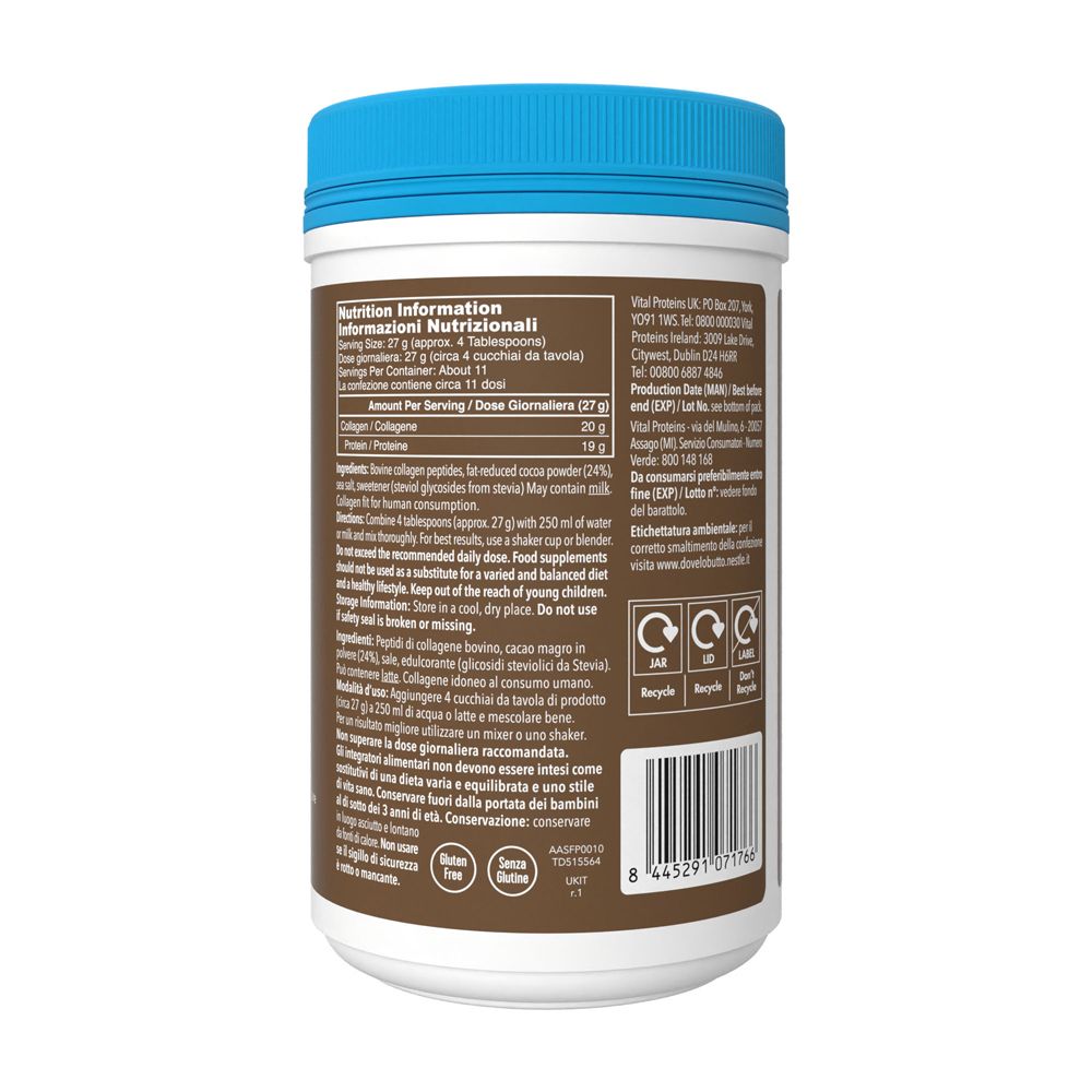 Retro del barattolo. Informazioni nutrizionali. Testo: collagene, proteine. Sito web.