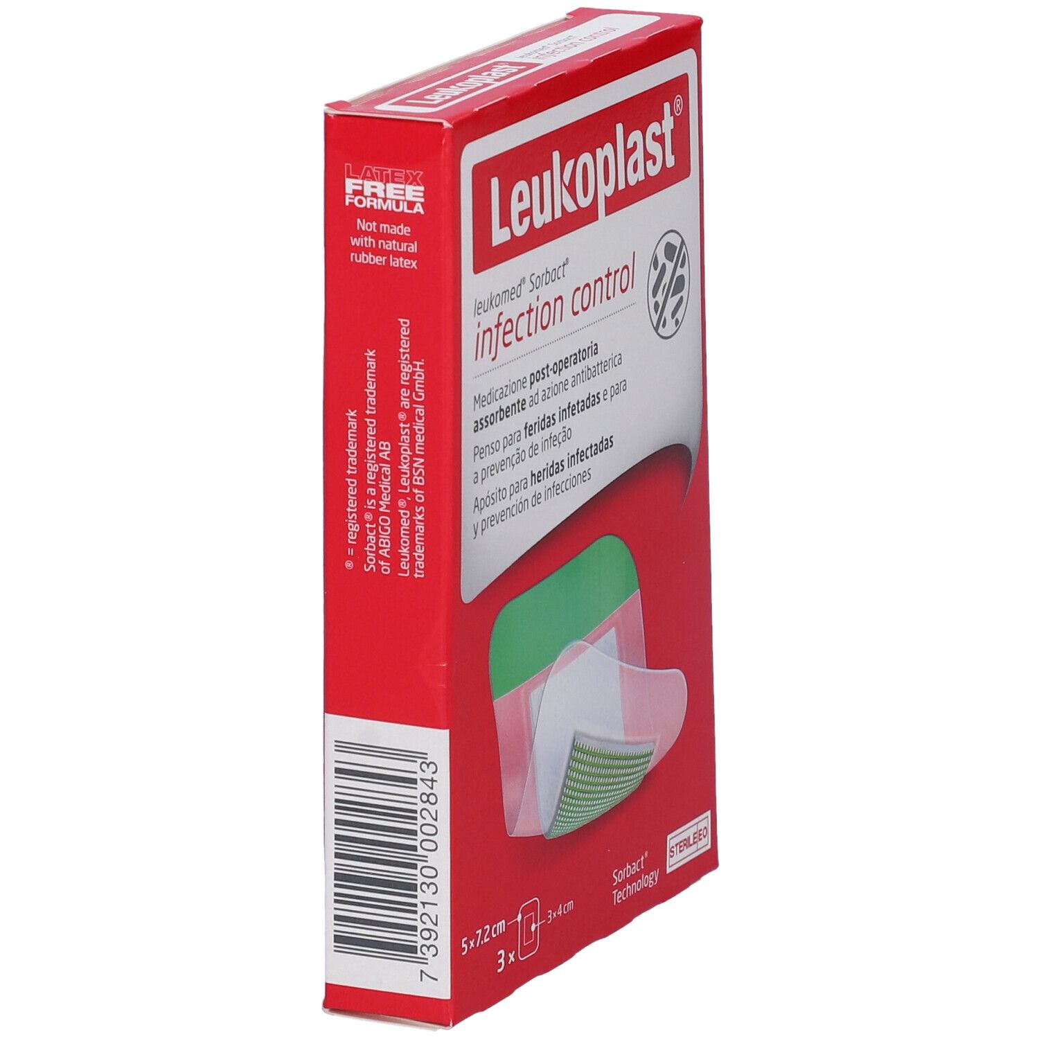 Confezione Leukoplast Sorbact, vista laterale. Scatola rossa con informazioni prodotto. Contiene 3 medicazioni. Codice a barre visibile.