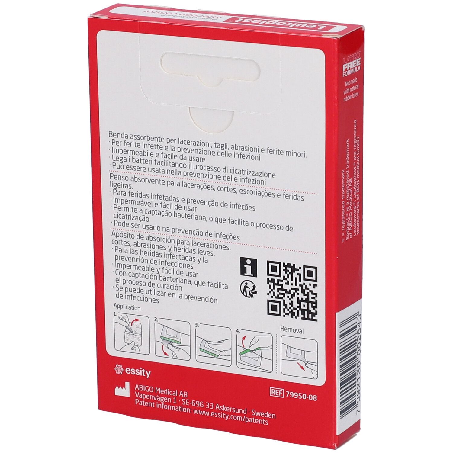Retro della confezione Leukoplast Sorbact. Testo multilingue. Illustrazioni per l'applicazione e la rimozione.