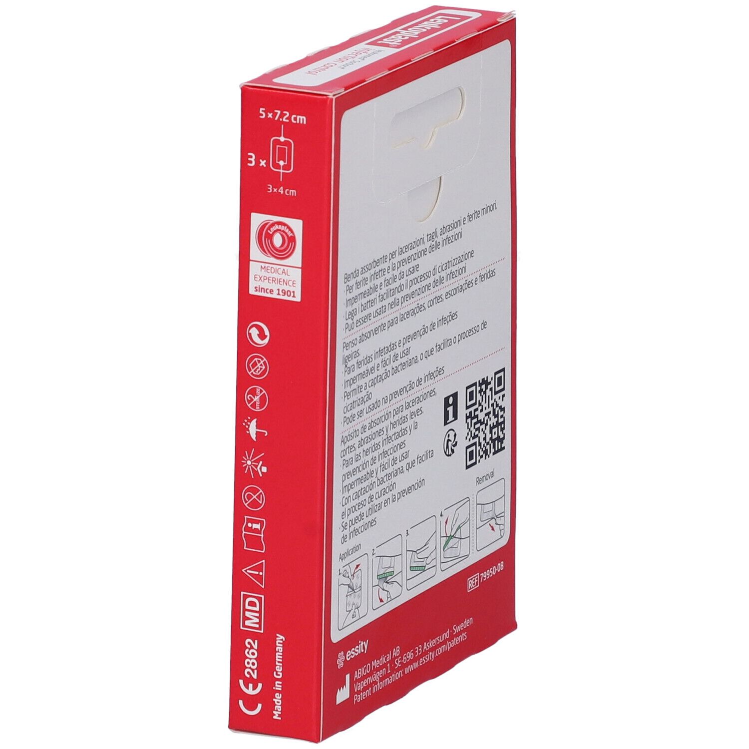 Vista laterale della confezione Leukoplast Sorbact. Scatola rossa con testo e simboli. Dispositivo medico.