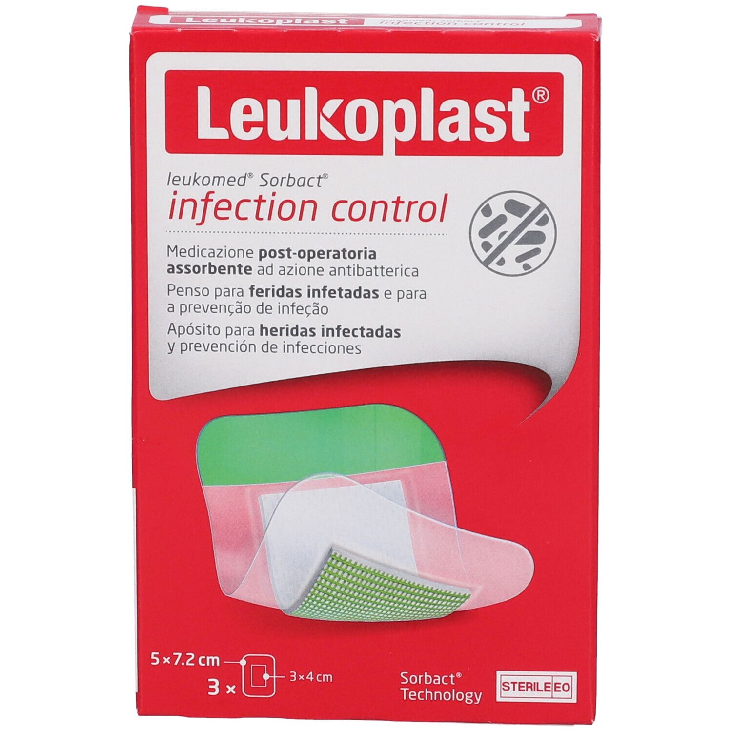 Confezione Leukoplast Sorbact. Scatola rossa con informazioni prodotto. Contiene 3 medicazioni 5x7,2cm. Medicazione visibile.