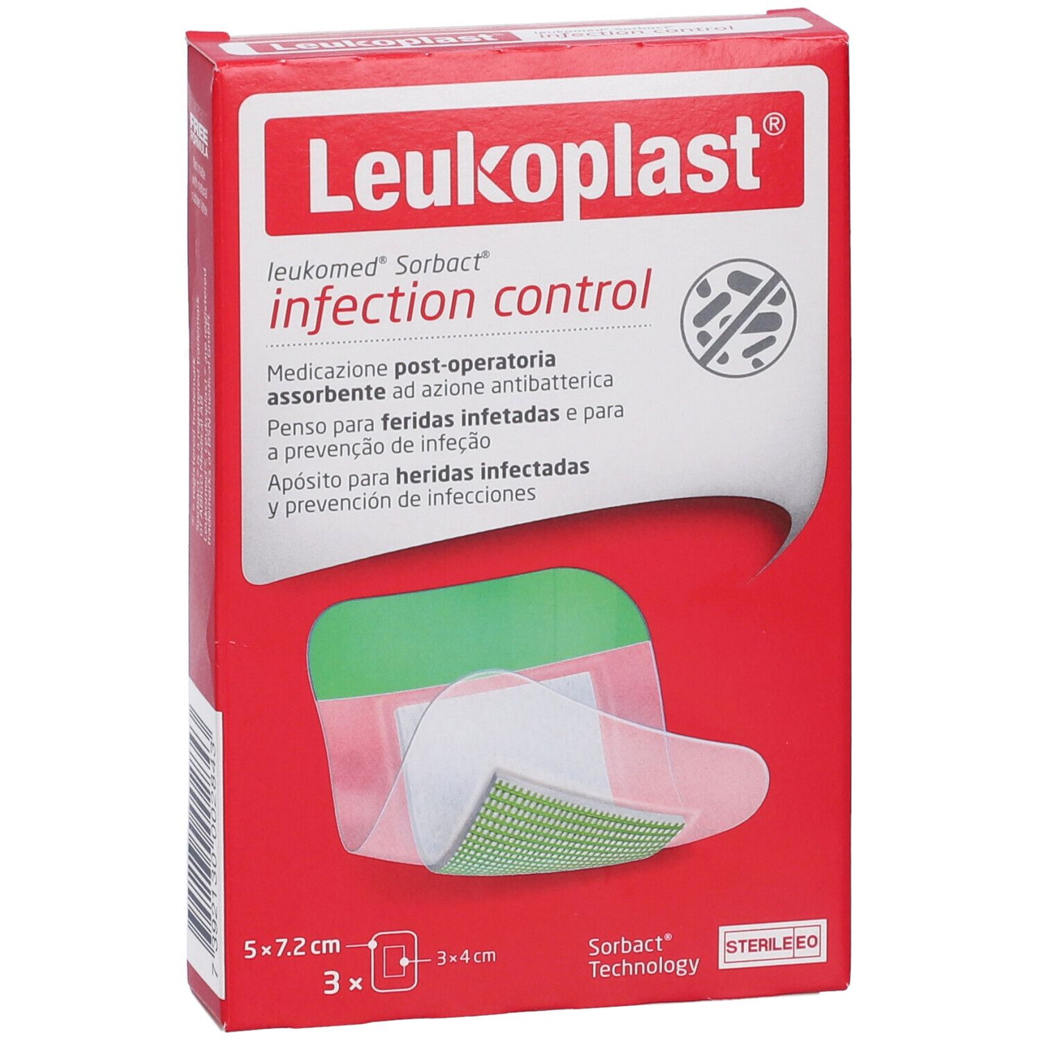 Confezione Leukoplast Sorbact. Scatola rossa con informazioni prodotto. Contiene 3 medicazioni 5x7,2cm. Medicazione visibile.