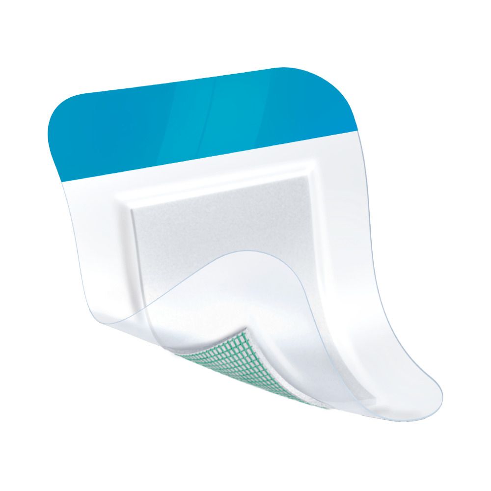 Primo piano di una medicazione Leukoplast Leukomed Sorbact. Rettangolare con angoli arrotondati. Aree blu e verdi visibili.