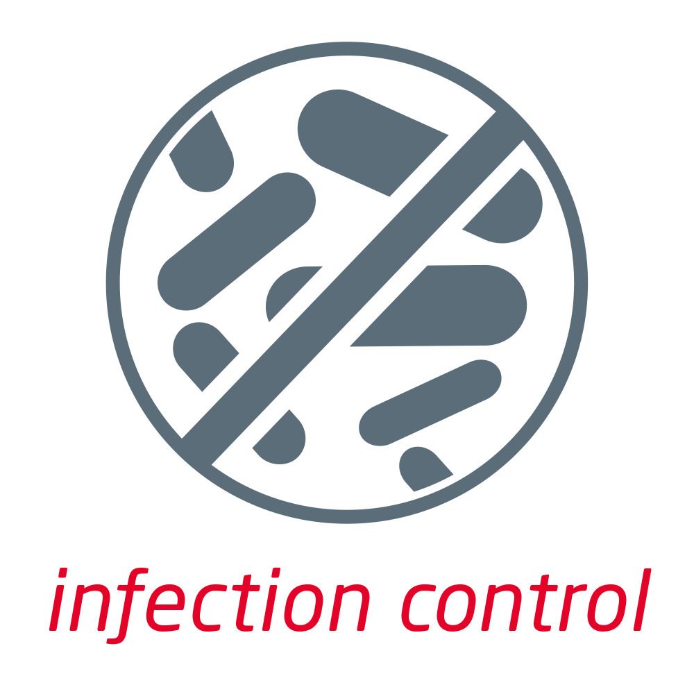 Simbolo per il controllo delle infezioni. Cerchio con linee incrociate e simboli di batteri. Testo: infection control.