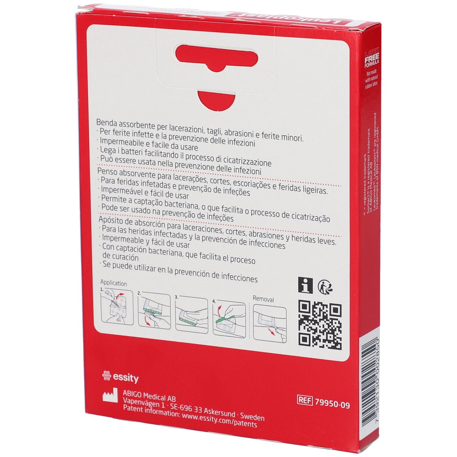 Retro della confezione Leukoplast Sorbact. Testo multilingue, esempi di applicazione, codice QR e informazioni del produttore.